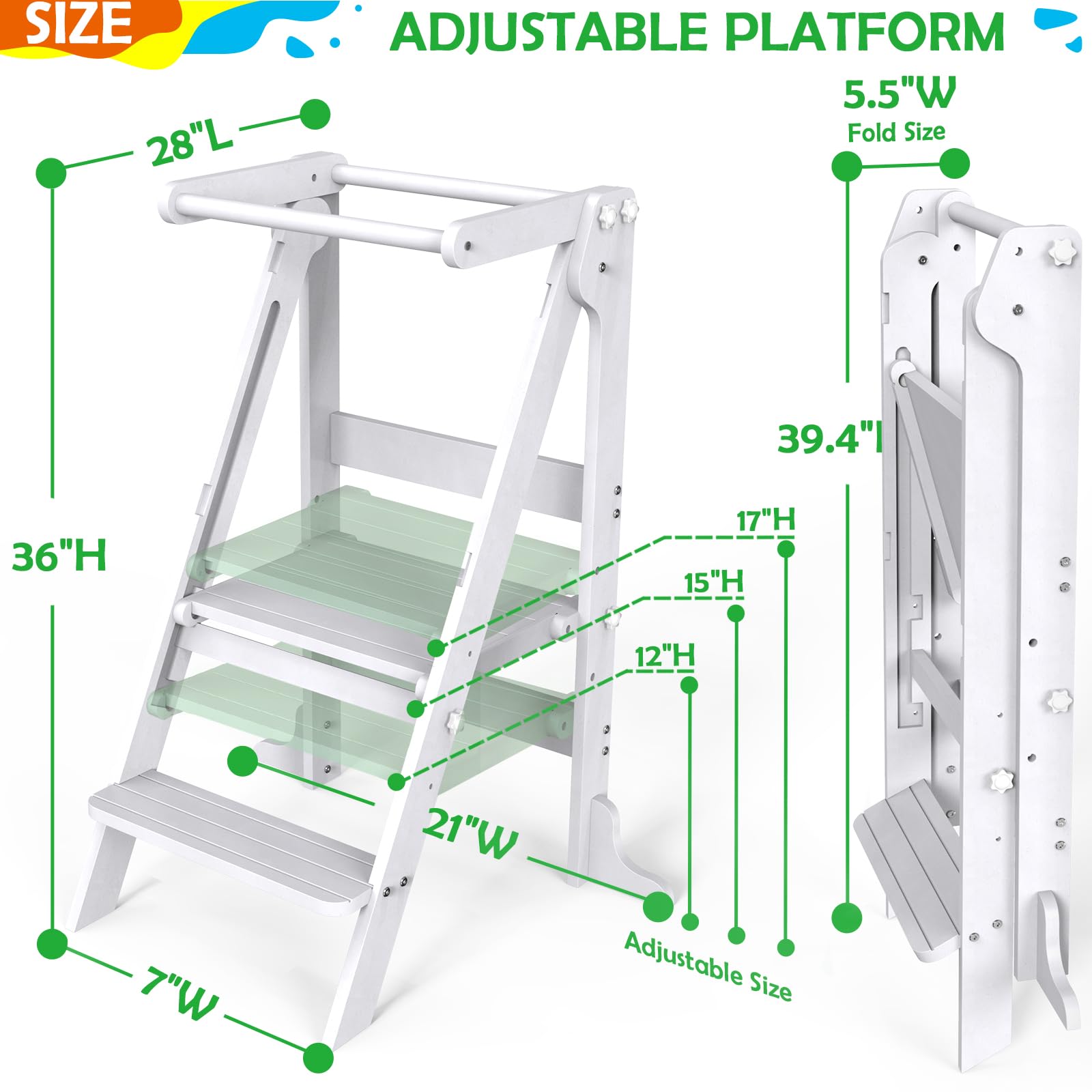 Foldable Toddler Tower with 3 Adjustable Heights & Double-Sided Drawing Board - Montessori Kitchen Step Stool with Safety Rail - Learning Stool for Kids - Standing Helper for Counter, Bathroom Sink (White) - Perfect for Cooking, Bathing & Creative Play