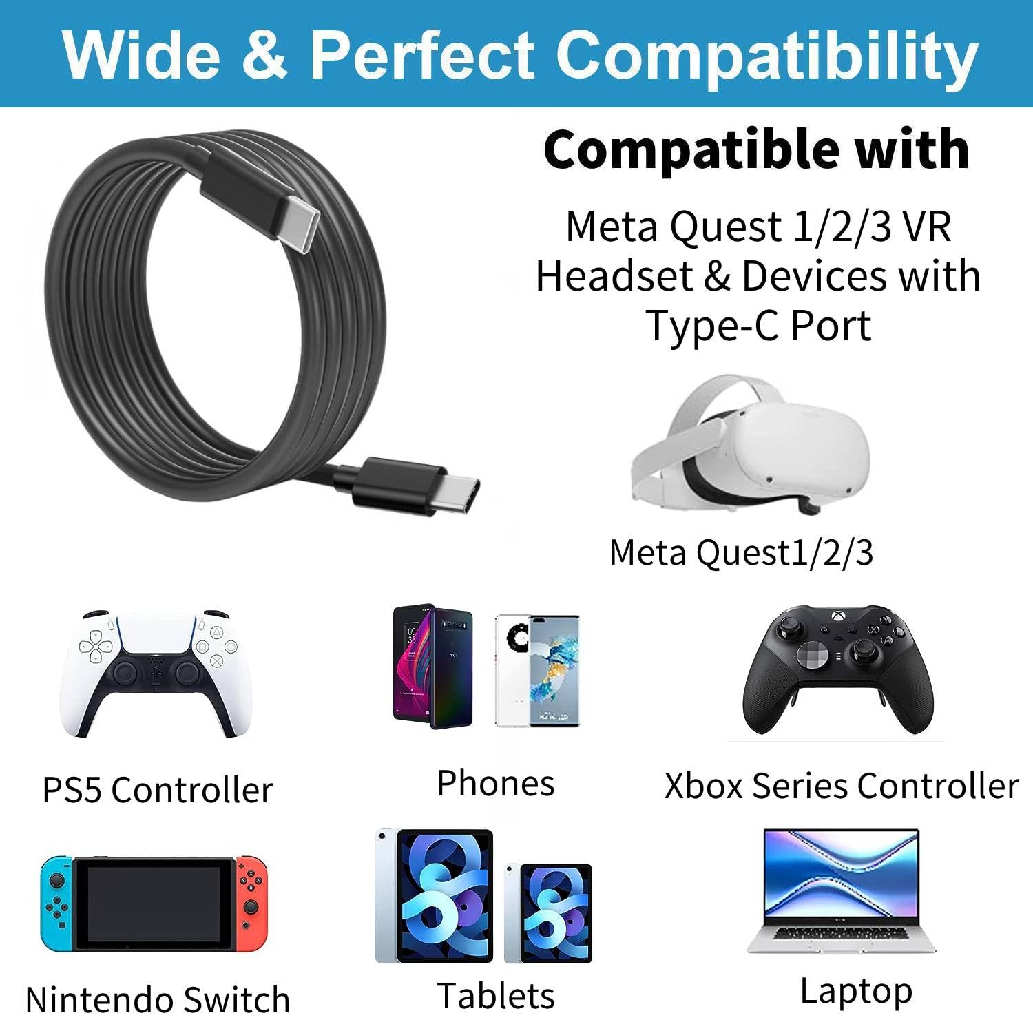 Oculus Quest 2 Charger Replacement - Fast Charging USB-C Cable (6.6Ft) Compatible with Meta Quest 3/2/1 VR Headset - Perfect for Gaming, Virtual Reality & Extended Play Sessions