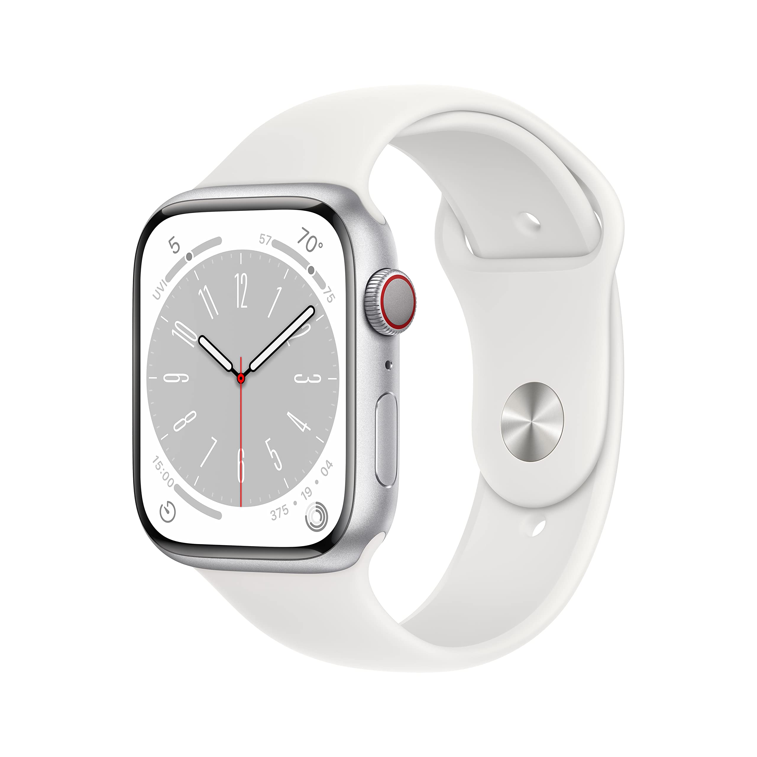 Apple Watch Series 8 (GPS + Cellular 45mm) Silver Aluminum Case with White Sport Band - Renewed Premium Smartwatch for Fitness Tracking, Heart Rate Monitoring & Phone Calls | Perfect for Running, Swimming & Daily Wear