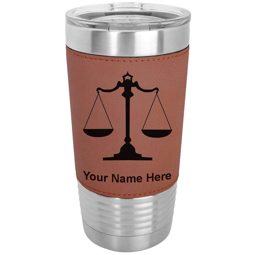 LaserGram 20oz Vacuum Insulated Stainless Steel Tumbler Mug with Leak-Proof Lid - Custom Engraved Lawyer Gift, Faux Leather Wrap (Dark Brown) - Perfect for Office, Courtroom or Outdoor Use