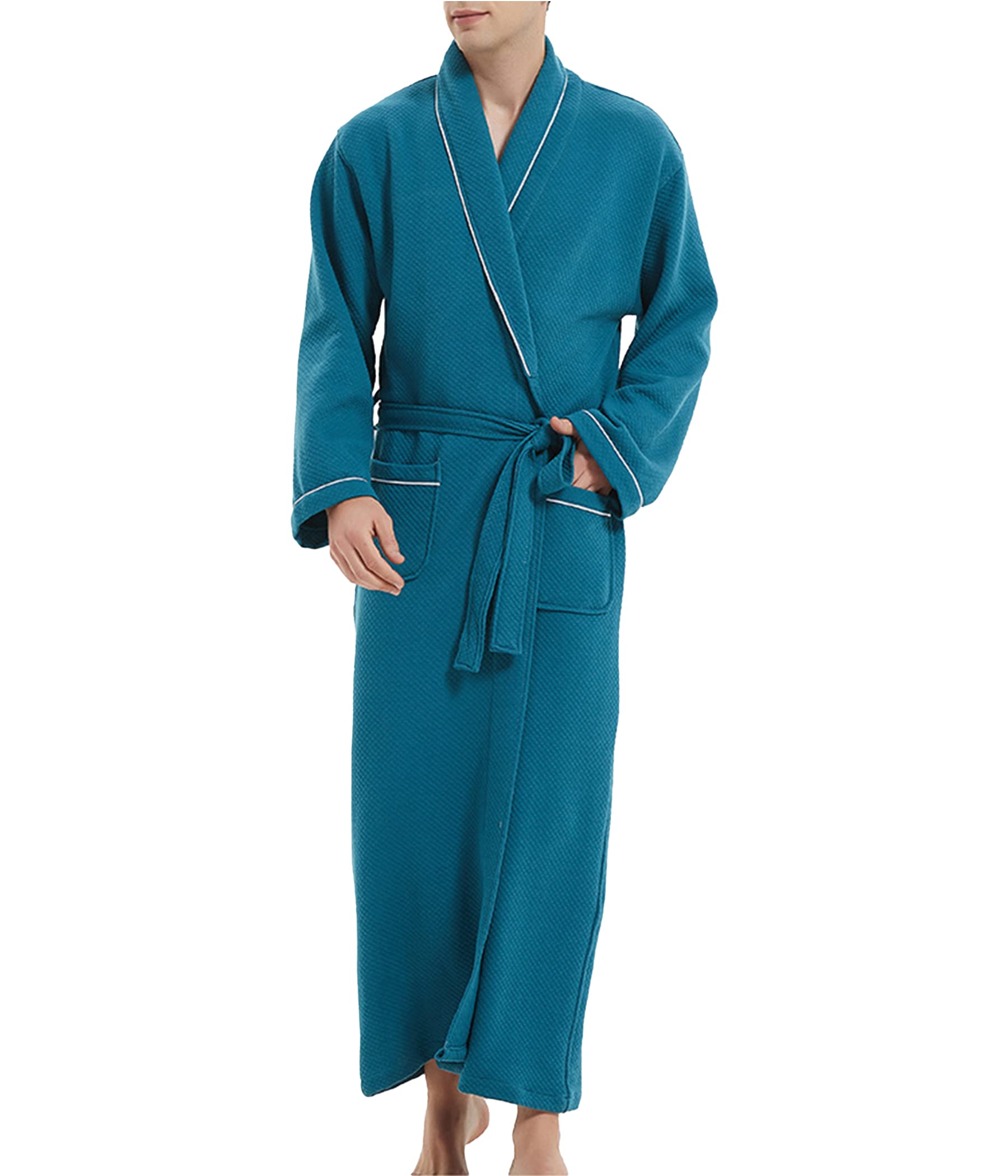 Men's Cotton Blend Waffle Kimono Robe - Soft V-Neck Long Sleeve Bathrobe for Spa, Lounge & Home Relaxation | Water Absorbing Nightgown for Comfortable Sleep & Morning Wear