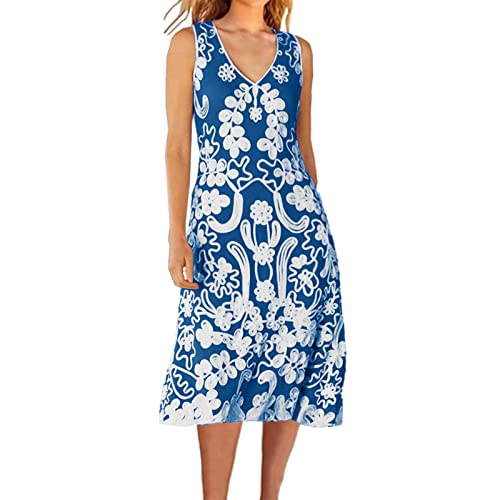 Women's Floral Print V-Neck Lace Trim Maxi Wrap Dress - Sleeveless Summer Tank Dress for Casual, Party & Beach Wear (Blue, XL) - Perfect for Vacations, Date Nights & Outdoor Events