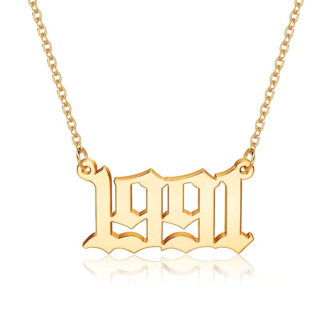 18K Gold Plated Old English Birth Year Necklace for Women - Personalized Jewelry Gift for Birthday, Anniversary (1970-2021) | Elegant Layering Necklace for Everyday Wear & Special Occasions