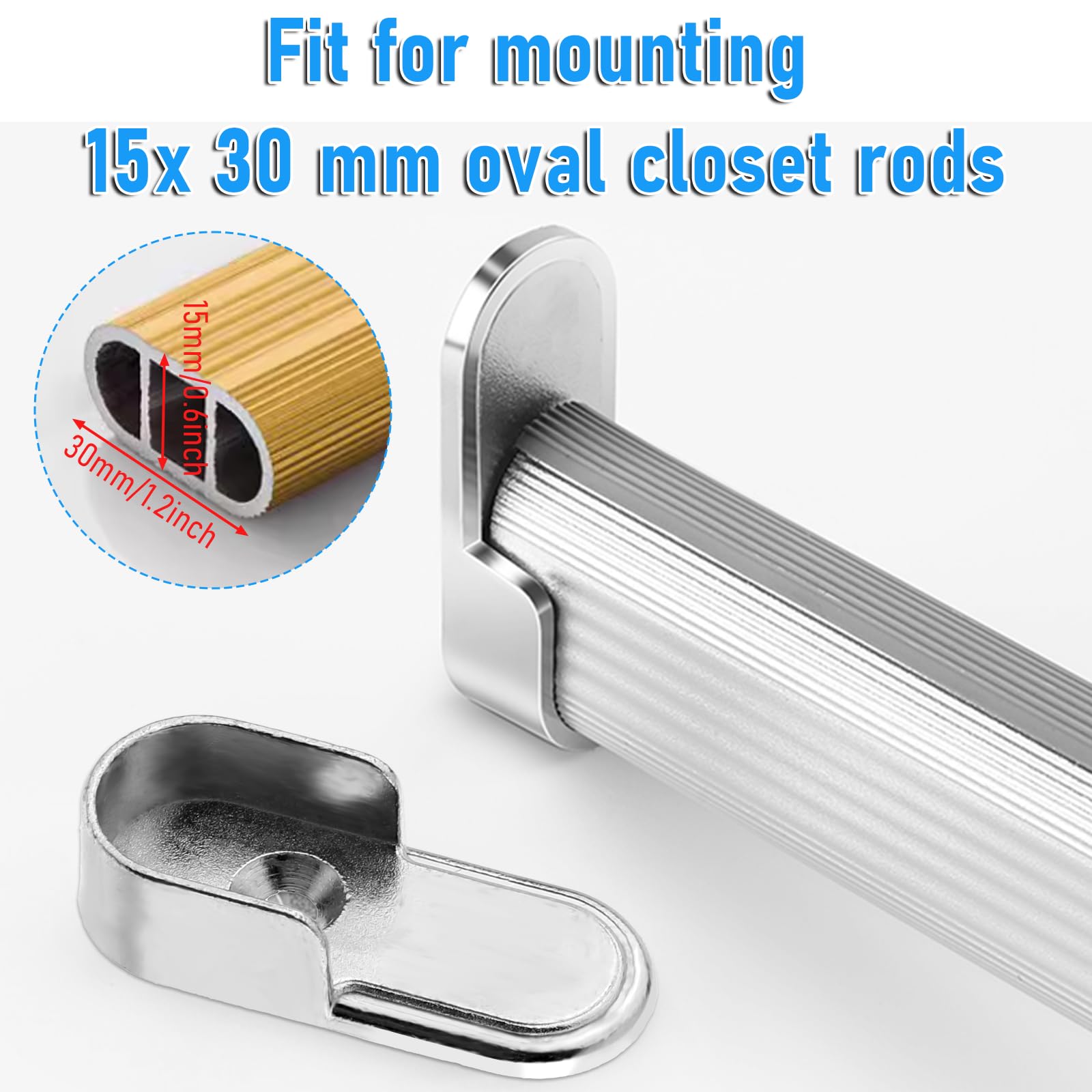4 Pack Heavy-Duty Zinc Alloy Closet Rod End Supports - 15x30mm Oval Wardrobe Brackets with 5mm Pins for Closet Organization, Shelving & Garment Rack Installation (Perfect for Bedroom, Walk-in Closet & Laundry Room Storage)