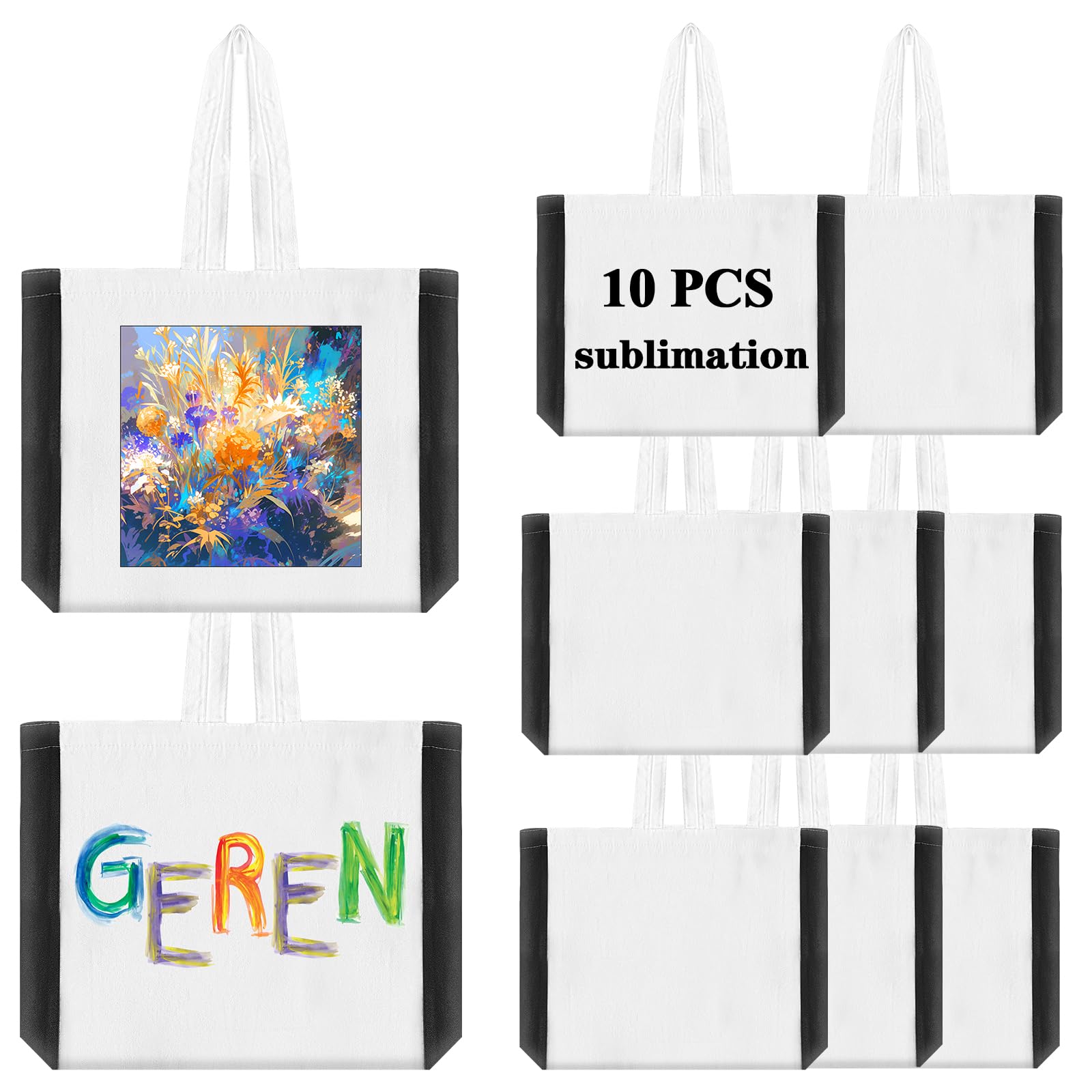 Custom Sublimation Tote Bags - Blank Polyester Canvas Shopping Totes with Black Sides for DIY Crafts, Personalized Gifts & Home Decor | Perfect for Beach Trips, Grocery Shopping & Promotional Events