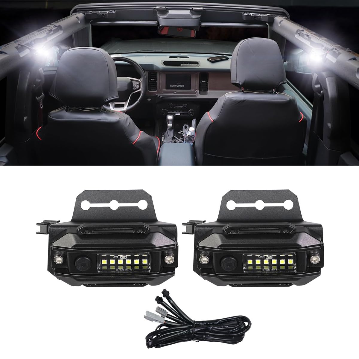2Pcs LED Interior Dome Lights Kit for Ford Bronco 2021-2023 - Super Bright White LED Ceiling & Reading Lights with Mounting Brackets & Harness | Easy Installation for Offroad, Camping & Night Driving