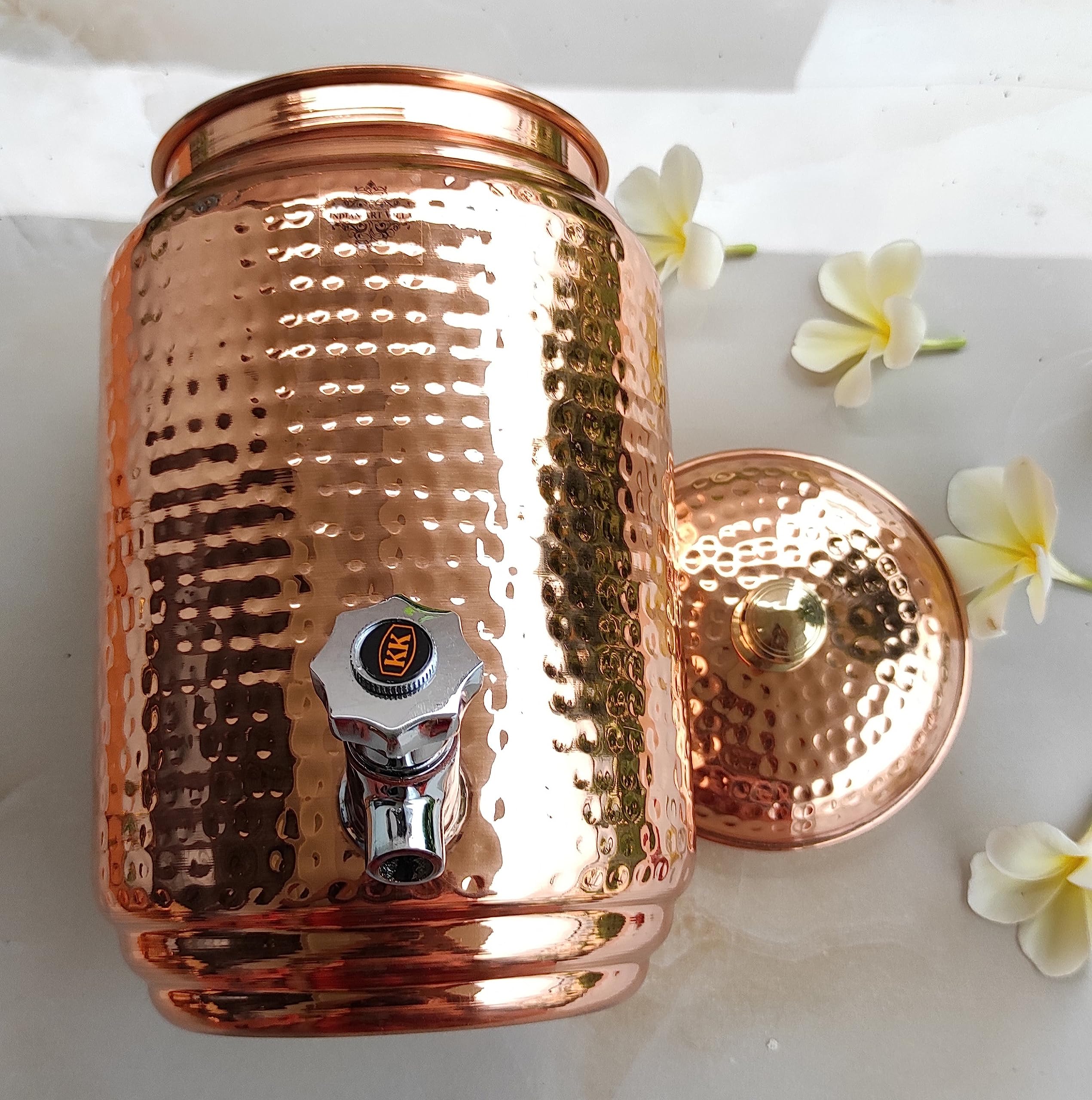 Pure Copper Hammered Design Water Pot with Brass Stand, Tap & Knob - Indian Art Villa Handcrafted Water Storage & Serving Jug for Home, Office & Ayurvedic Rituals