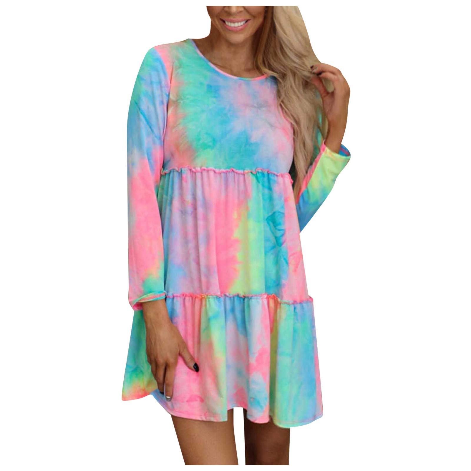 Women's Tie Dye Summer Mini Dress - Long Sleeve Crewneck Casual Swing A-Line Dress for Beach, Party & Wedding | Boho Chic Fashion