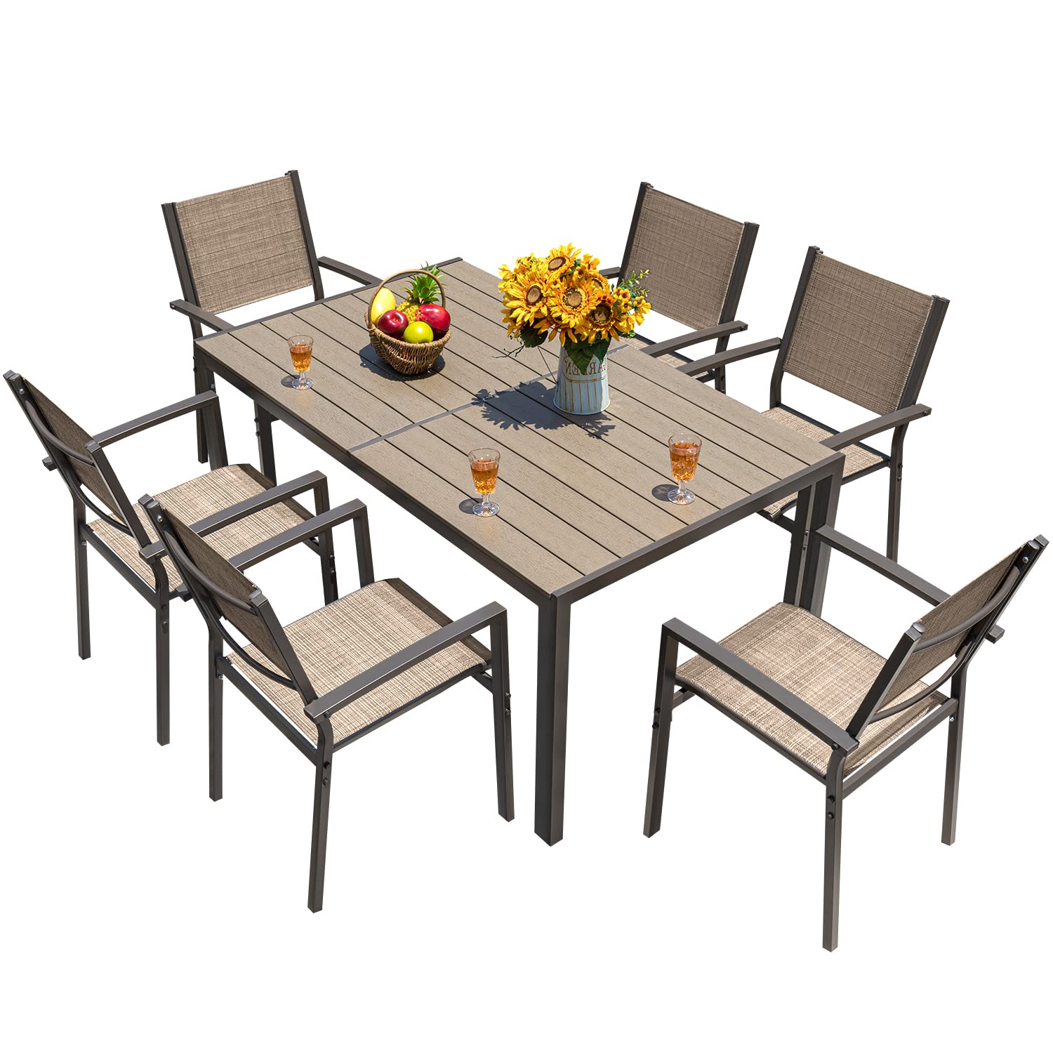 Homall 7-Piece Outdoor Patio Dining Set with 6 Stackable Textilene Chairs & Large Table - Beige Garden Furniture for Yard, Porch, Poolside & Backyard Entertaining