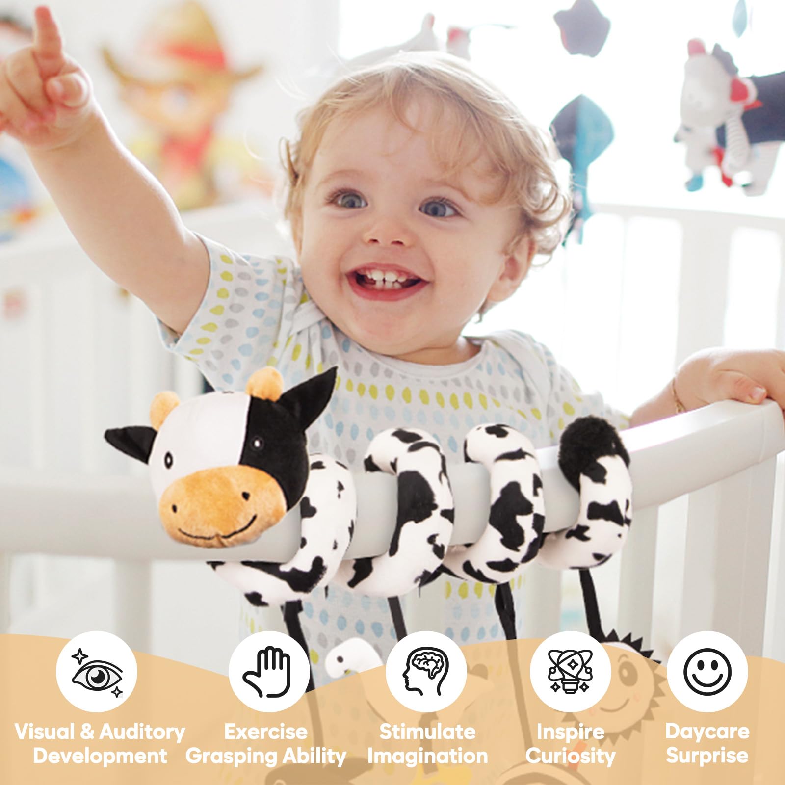 Soft Spiral Car Seat Toys for Babies 0-6 Months - Cute Cow Stroller Activity Toy with Rattles, Sun Mirror & Rainbow Cloud - Perfect Infant Car Seat Hanging Toy for Newborn Gifts | Great for Strollers, Car Rides & Playtime