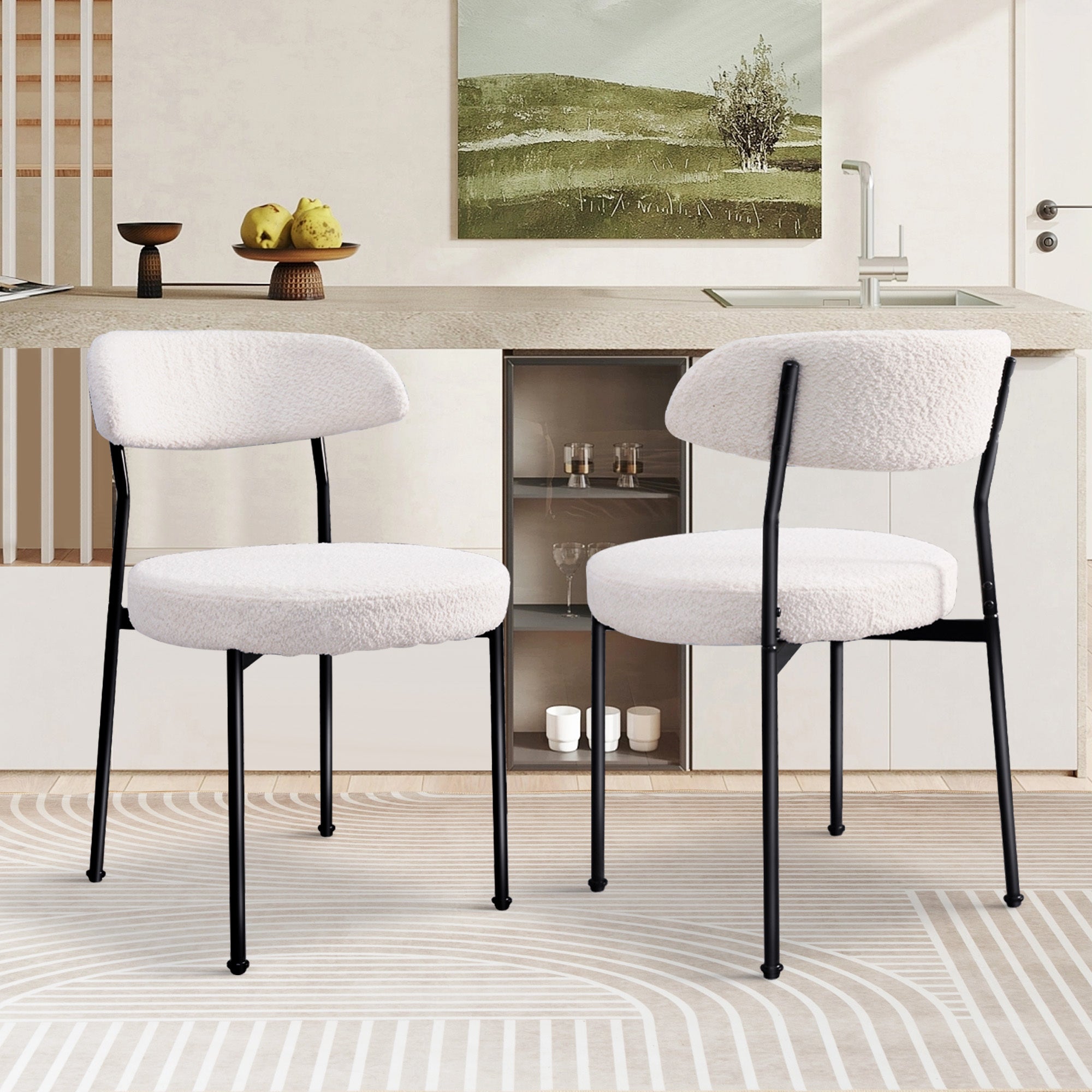 Boucle Upholstered Dining Chairs Set of 2 - Modern Curved Backrest & Sturdy Metal Legs, Beige Velvet Fabric for Dining Room, Kitchen, or Home Office