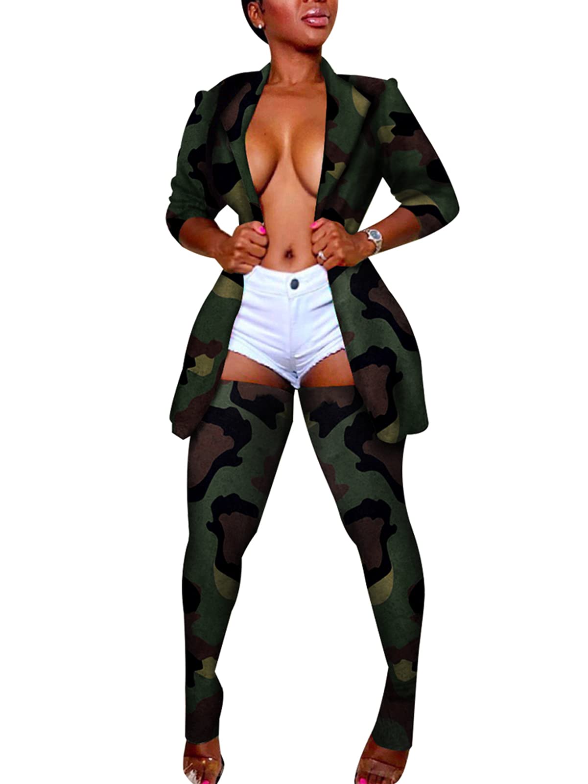 Famnbro Women's Sexy 2-Piece Blazer Outfit - Printed Open Front Jacket & Bodycon Pants Set for Work, Party & Night Out | Plus Size Office Wear & Evening Attire