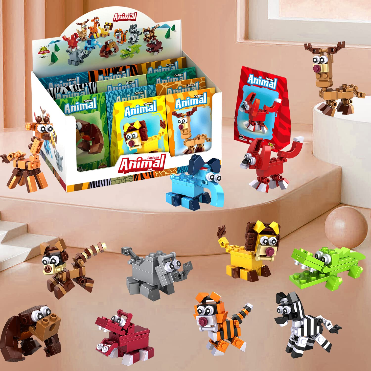 12 in 1 Pre-Filled Animal Building Block Set - 12 Pcs Mini STEM Construction Toys for Kids | Creative Educational Classroom Prizes, Birthday Party Favors, Carnival Gifts & Goodie Bag Fillers | Perfect for STEM Learning, Group Play & Gift-Giving Occasions