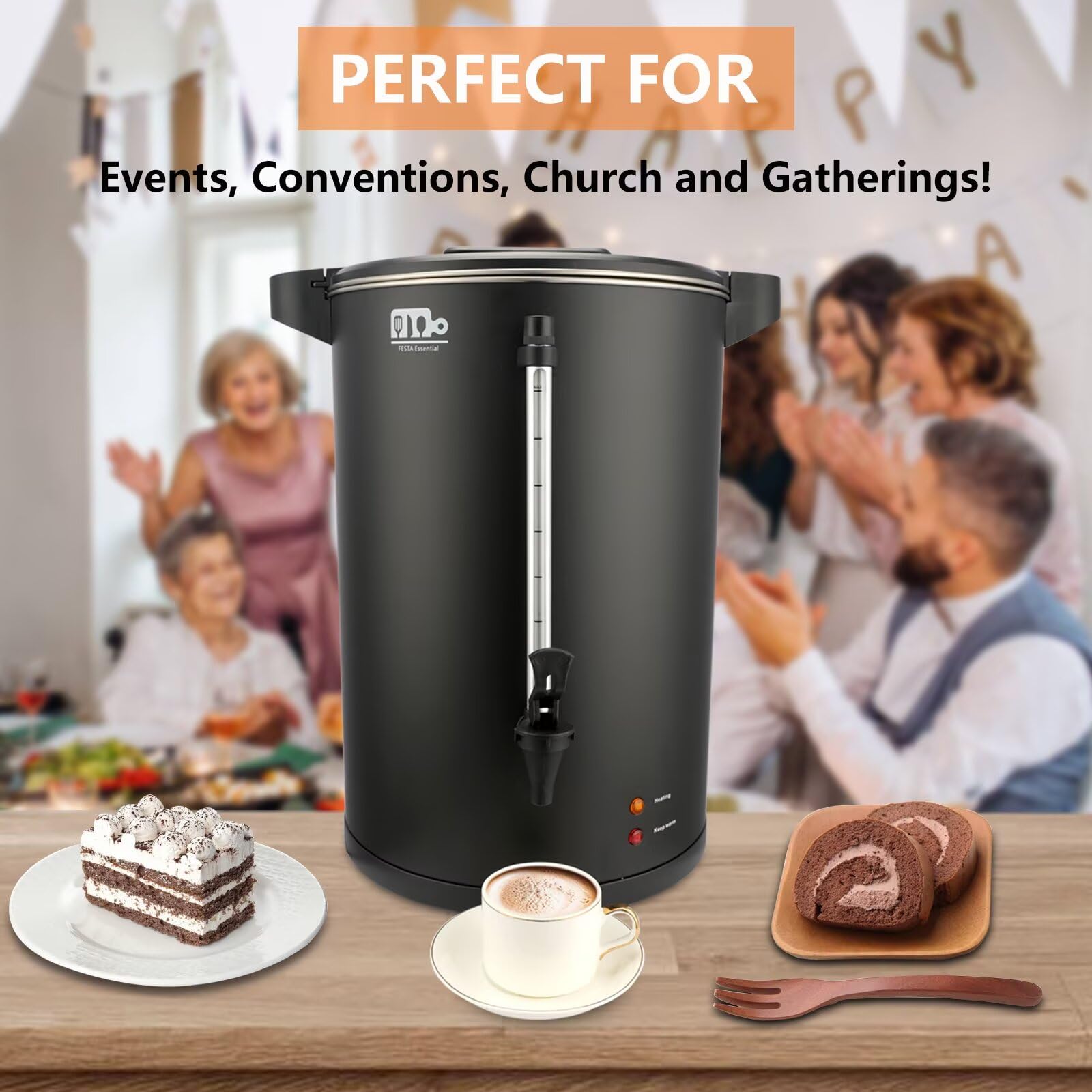 110-Cup 20L Commercial Coffee Urn - 1500W Stainless Steel Large Coffee Maker with Double Dripless Faucet, Fast Brewing for Catering, Events & Offices - Festa Essential Black Hot Water Dispenser