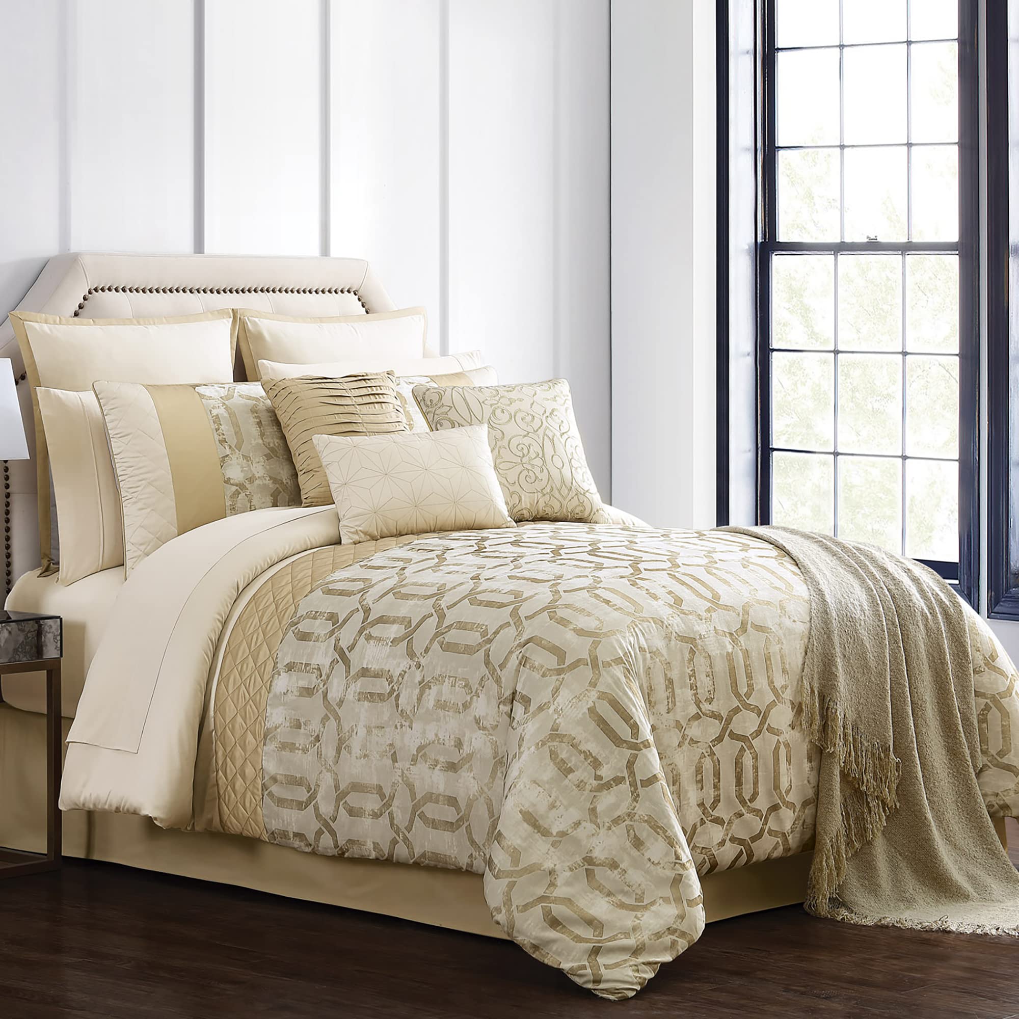 Riverbrook Home 100% Polyester Full/Queen Comforter Set - 10-Piece Bergen Collection in Gold | Soft & Breathable Bedding for Cozy Bedroom Decor | Perfect for Guest Rooms, Dorms & Master Suites