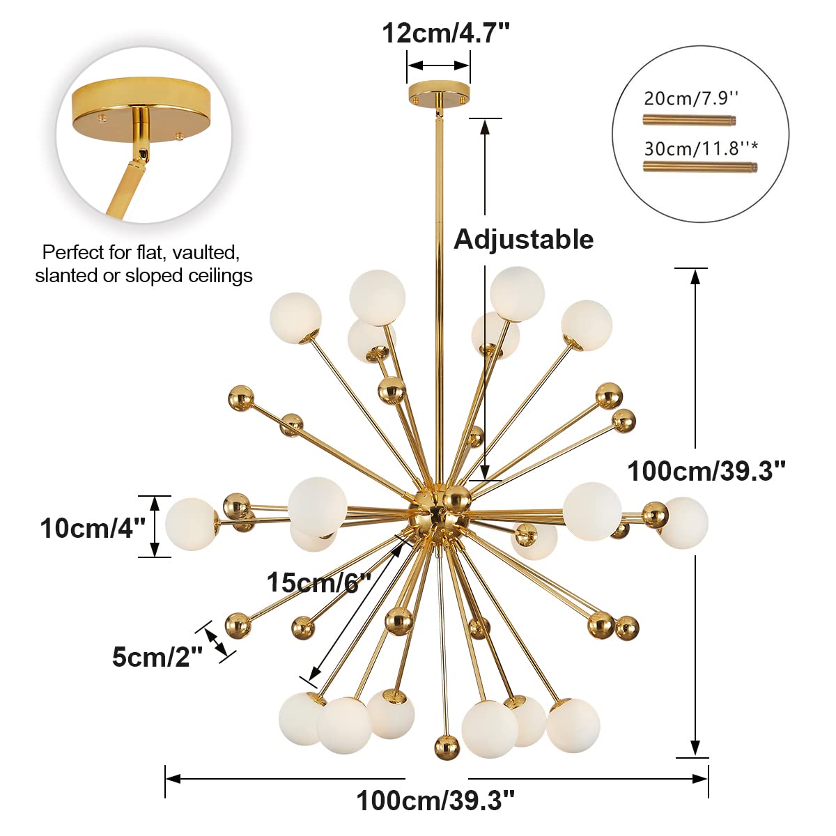 Modern Globe Chandelier - 18-Light Gold Sputnik Flush Mount Ceiling Light with White Glass Balls, Adjustable Height - Perfect for Dining Room, Living Room, Bedroom & Entryway Lighting