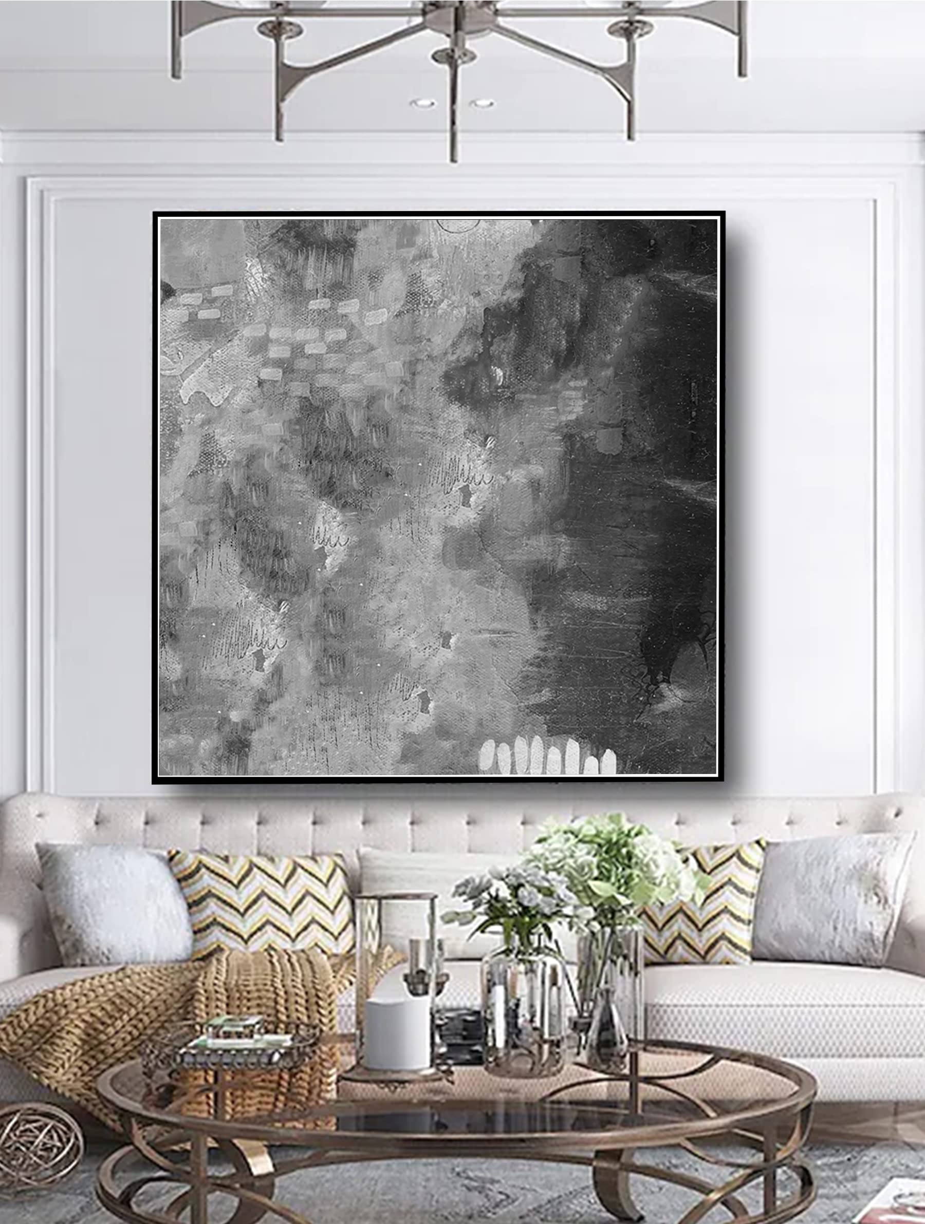 Large Abstract Canvas Oil Painting - Black & White Original Artwork - 60x60 Inch Wall Decor for Modern Living Room, Bedroom & Office | Handmade Contemporary Art