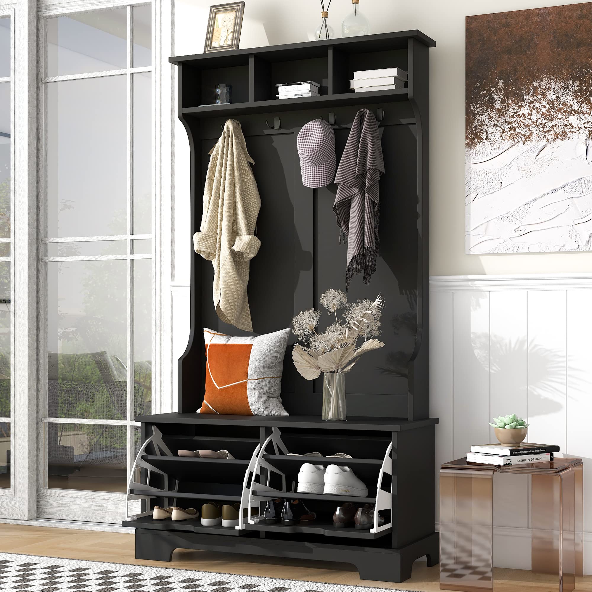 Polibi Hall Tree with 2 Flip Shoe Storage Drawers, 4 Metal Hooks, 3 Top Shelves & Entryway Bench - Black Coat Rack Organizer for Living Room, Bedroom & Hallway - Perfect for Small Spaces, Apartment Entry & Mudroom Storage