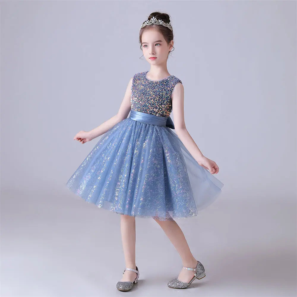 Adorable Sleeveless Flower Girl Dress in Blue Tulle with Sequin Embellishments - Perfect for Weddings, Baptisms & Special Occasions