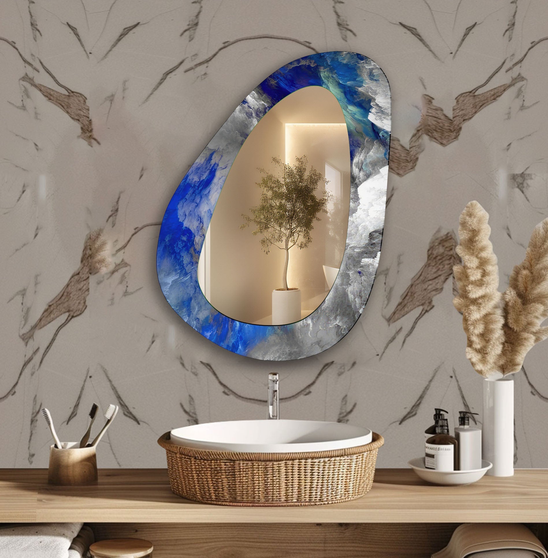 Blue Abstract Asymmetrical Glass Wall Mirror - Modern Decorative Mirror for Living Room, Bedroom, Entryway - Unique Home Decor & Stylish Wall Art