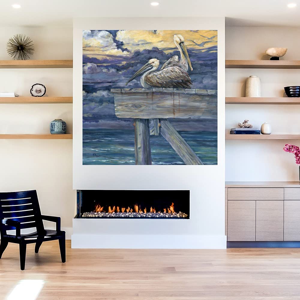 Paul Brent Pelican Dock Fine Art Canvas Wall Decor - 37x37 Inch Ready to Hang Painting for Living Room, Bedroom, Office & More - Coastal & Nautical Home Decor