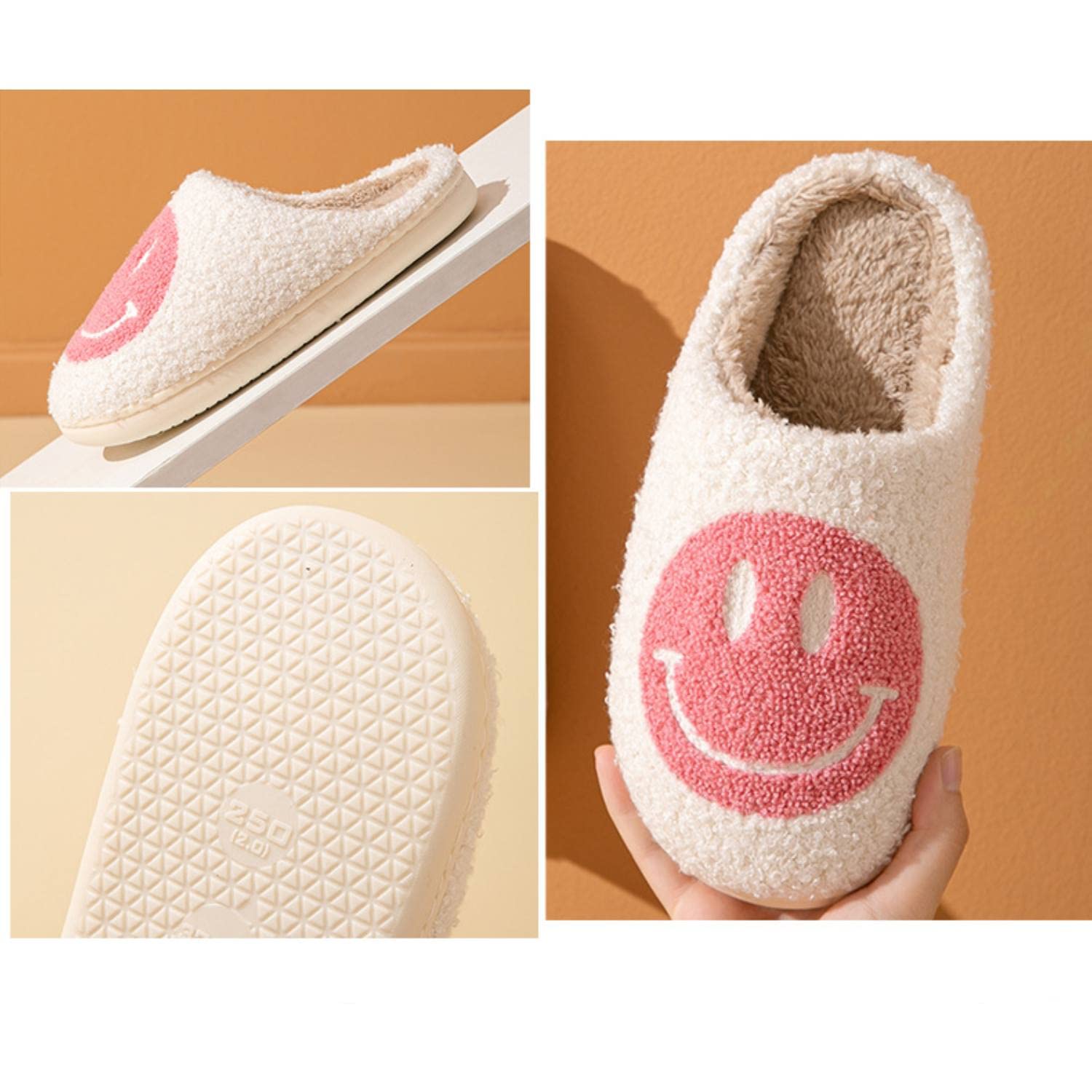 Smiley Face Slippers for Women - Soft Fluffy Indoor/Outdoor Slides with Cushion Comfort - Retro Happy Face House Slippers for Cozy Home, Lounge & Outdoor Wear