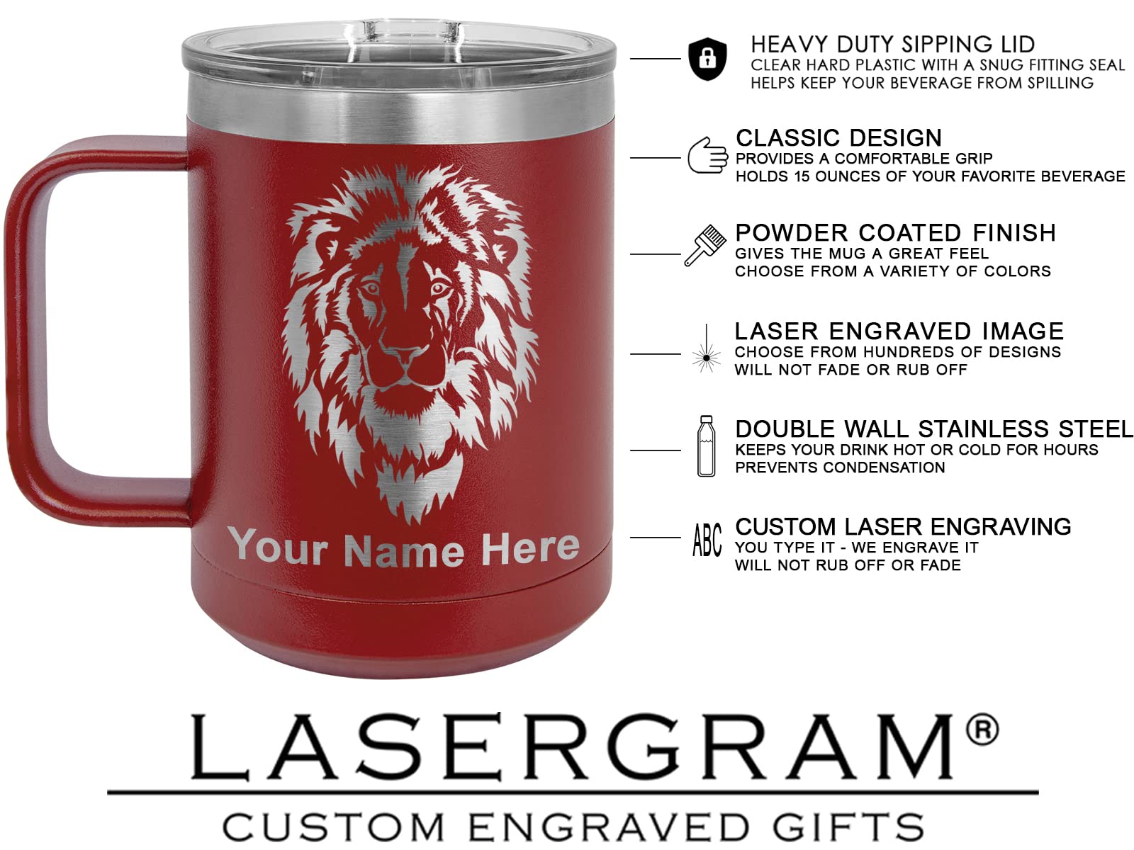 LaserGram 15oz Vacuum Insulated Stainless Steel Coffee Tumbler with Lid - Hawaiian Sea Turtle Design, Personalized Engraving Gift for Coffee Lovers - Perfect for Office, Travel & Outdoor Activities (Maroon)