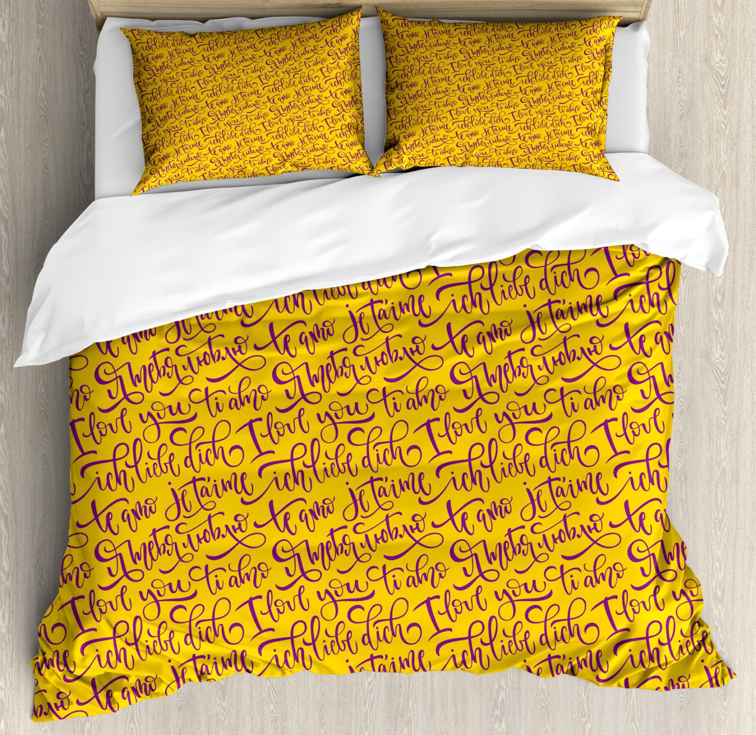 Lunarable French Script Duvet Cover Set - Romantic 'Je T'Aime' & 'Te Amo' Love Phrases for Valentine's Day, European Style Bedding Set Includes 2 Duvet Covers & 4 Pillowcases (2-Pack, King Size, Earth Yellow & Purple) - Perfect for Couples' Bedrooms, Anniversary Gifts & Romantic Home Decor