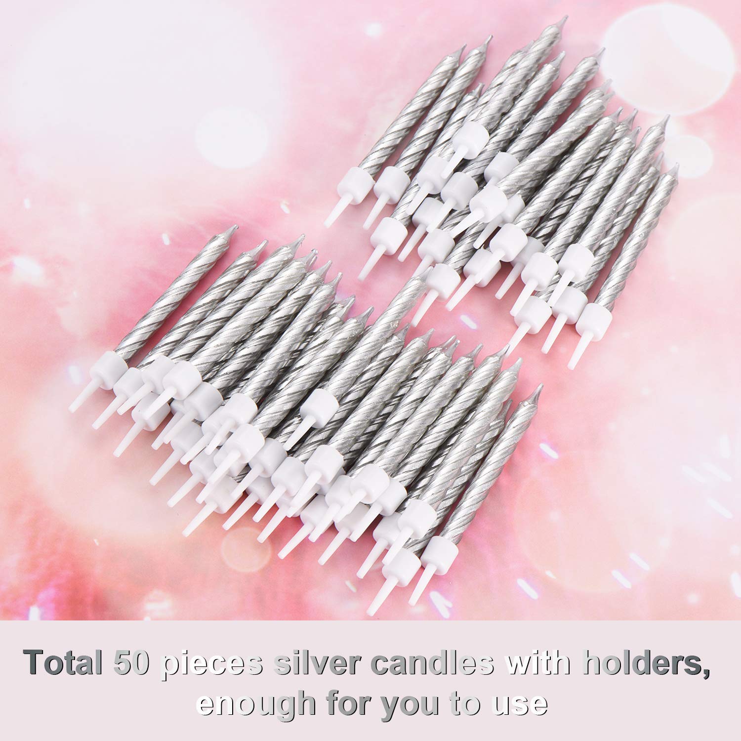 Blulu 50-Pack Silver Metallic Spiral Cake Candles with Holders - Short Thin Birthday Candles for Cupcakes, Wedding Cakes & Party Decorations - Perfect for Birthday Parties, Wedding Receptions & Anniversary Celebrations