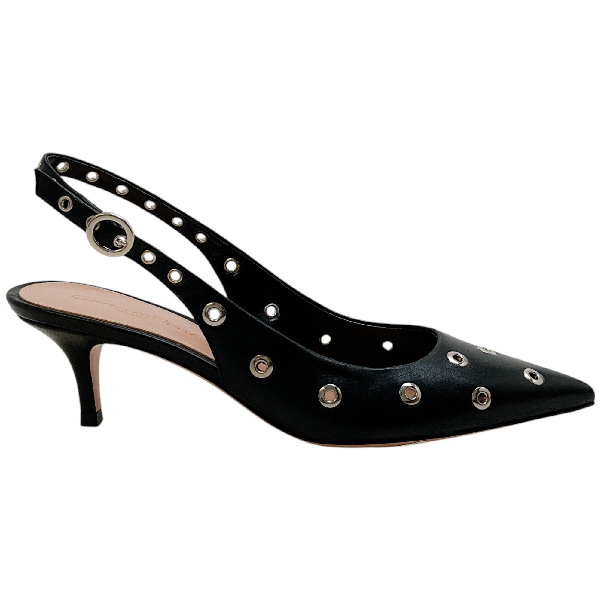 Gianvito Rossi Women's Black Leather Kitten Heel Pump Shoes with Grommet Details - Elegant Pointed Toe Dress Pumps for Work, Party & Evening Wear