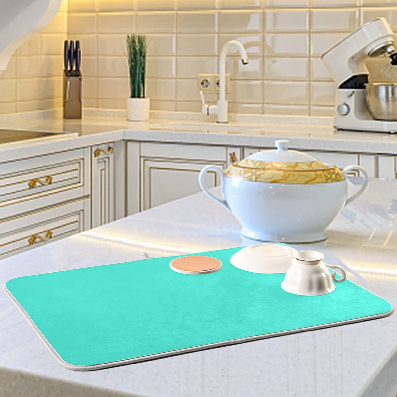 Teal Small Dish Drying Mat XL - 16x18 Inch Microfiber Kitchen Counter Mat, Heat Resistant Turquoise Dish Drainer Pad for Dishes - Perfect for Kitchen Countertops, Sink Areas & Dish Rack Organization
