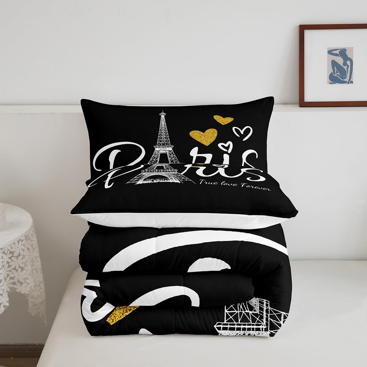 Erosebridal Paris Themed Queen Size Comforter Set - 3 Piece Romantic Eiffel Tower Bedding with Duvet Insert & 2 Pillowcases | Ultra Soft Lightweight Down Alternative Quilt in Black & White | Perfect for Master Bedroom, Guest Room & Parisian Themed Decor
