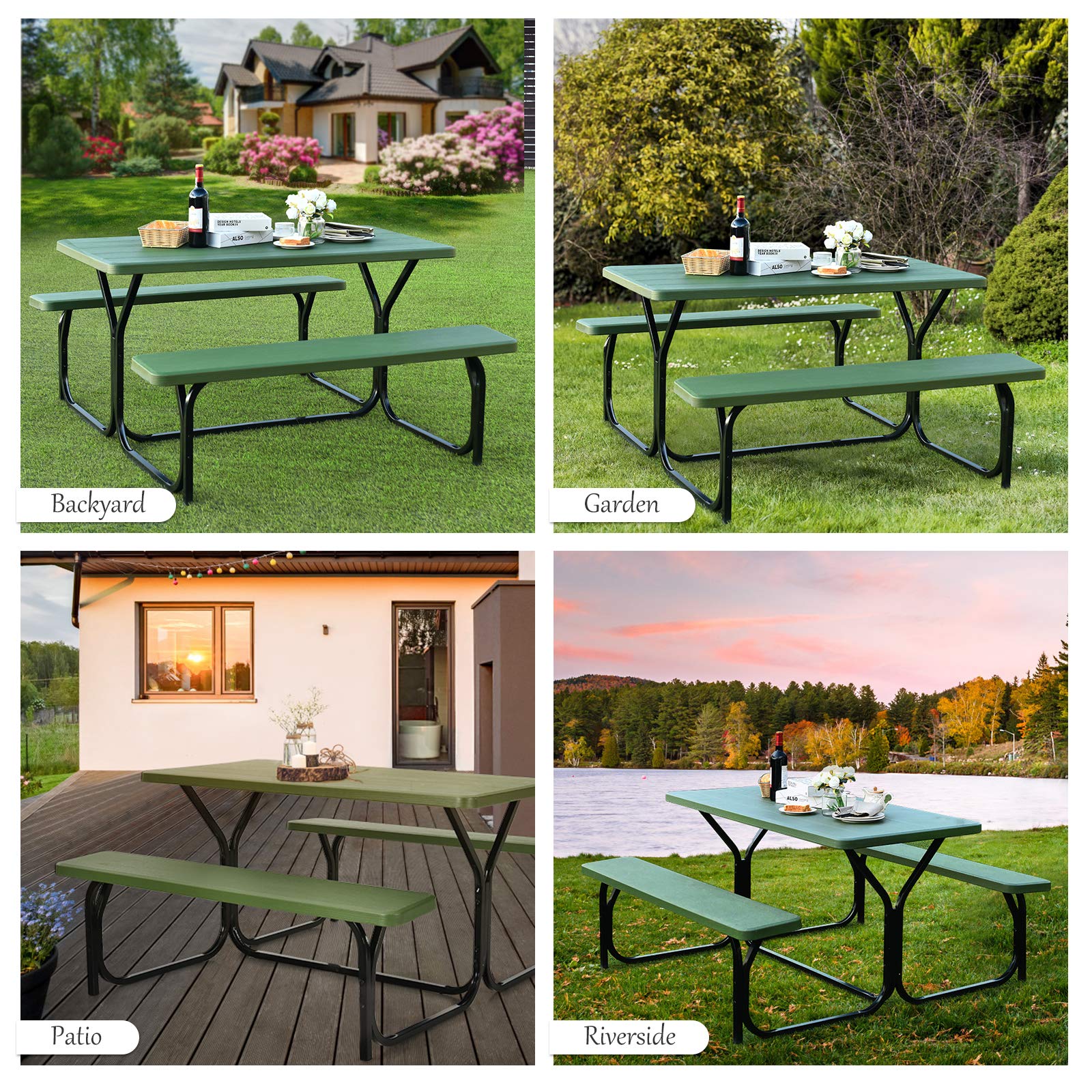 Giantex 7-Piece Outdoor Picnic Table Bench Set - All-Weather Metal Base for Camping, Backyard, Poolside, Garden, Patio, Deck - Durable & Spacious Green Dining Table for Parties, BBQs & Family Gatherings