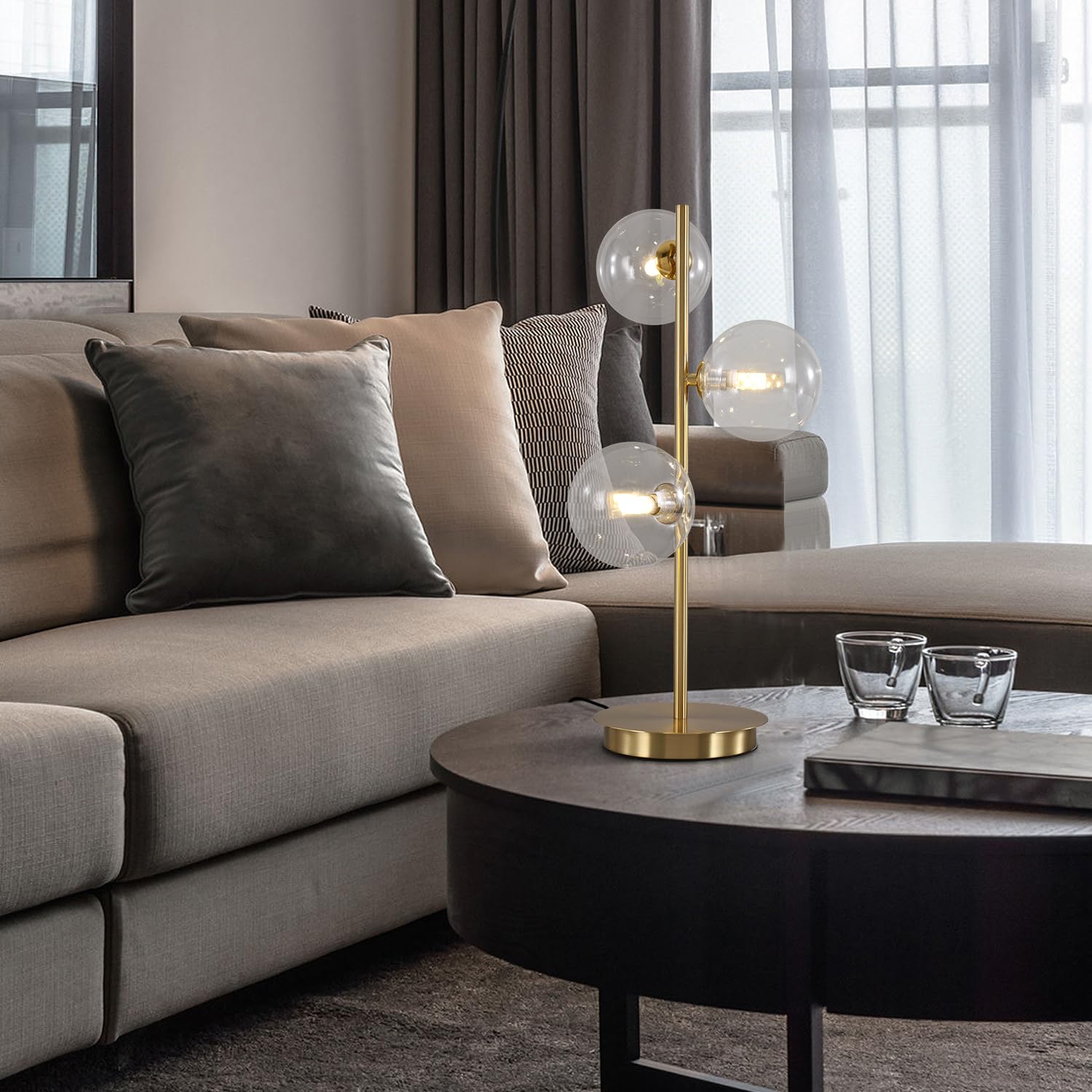 Mid Century Modern Gold Desk Lamp with 3 White Glass Globes - Contemporary Reading Light for Bedroom, Living Room & Study | Perfect for Nightstands, Office Desks & Cozy Corners