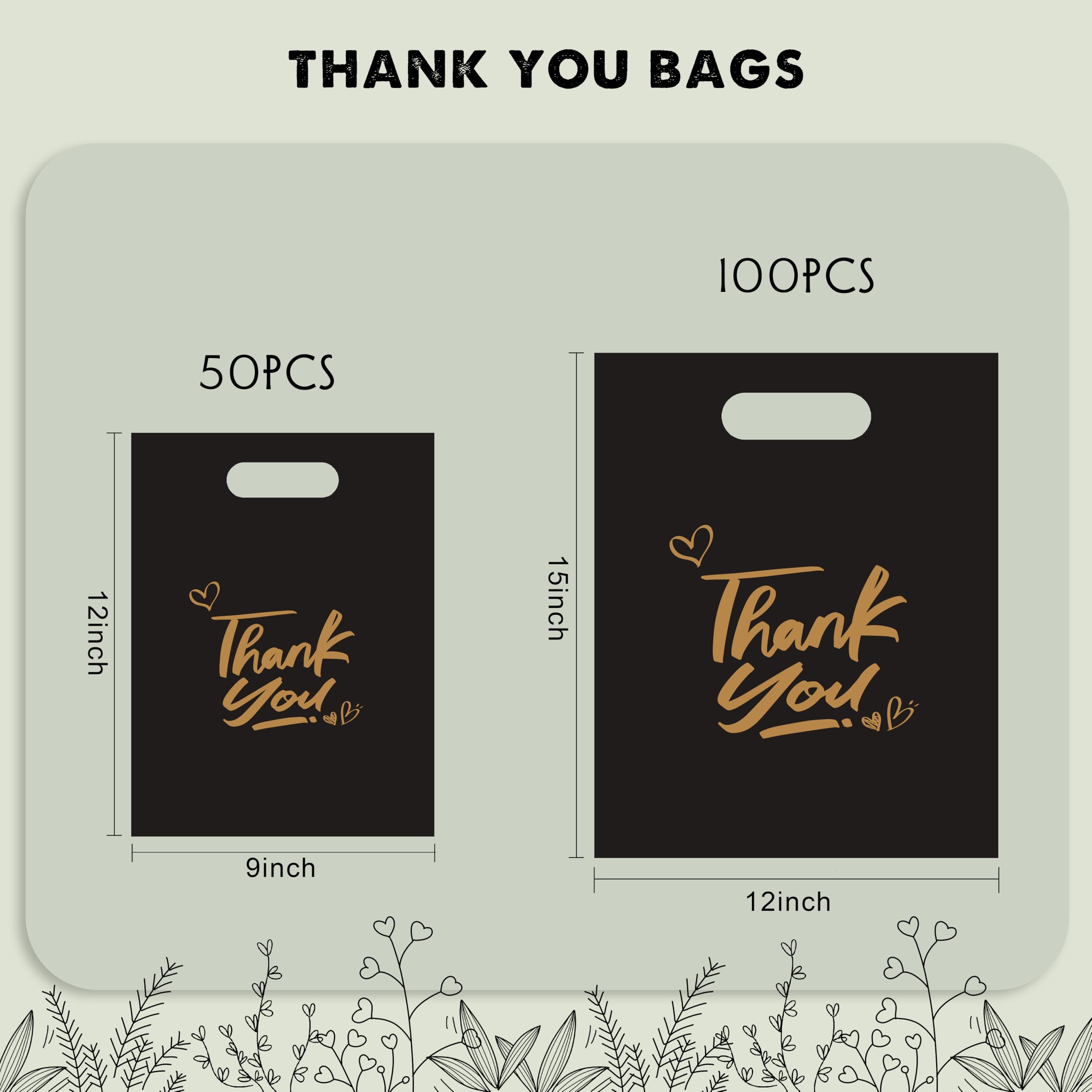 50Pcs Reusable Thank You Shopping Bags with Handles - 2.36 Mil Thick 9x12 Inch Plastic Gift Bags for Boutique, Retail Stores & Small Business - Perfect for Clothing Stores, Gift Wrapping & Customer Appreciation (Black)