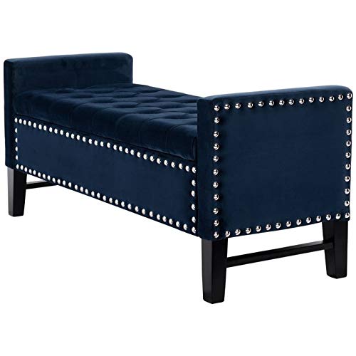 Navy Velvet Tufted Storage Bench - Home Entryway Seat