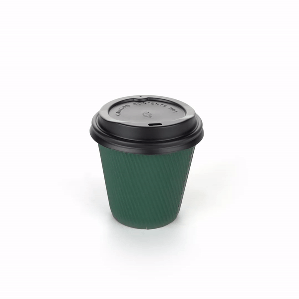 8 oz Forest Green Paper Ripple Wall Coffee Cups with Black Lids - 3.5