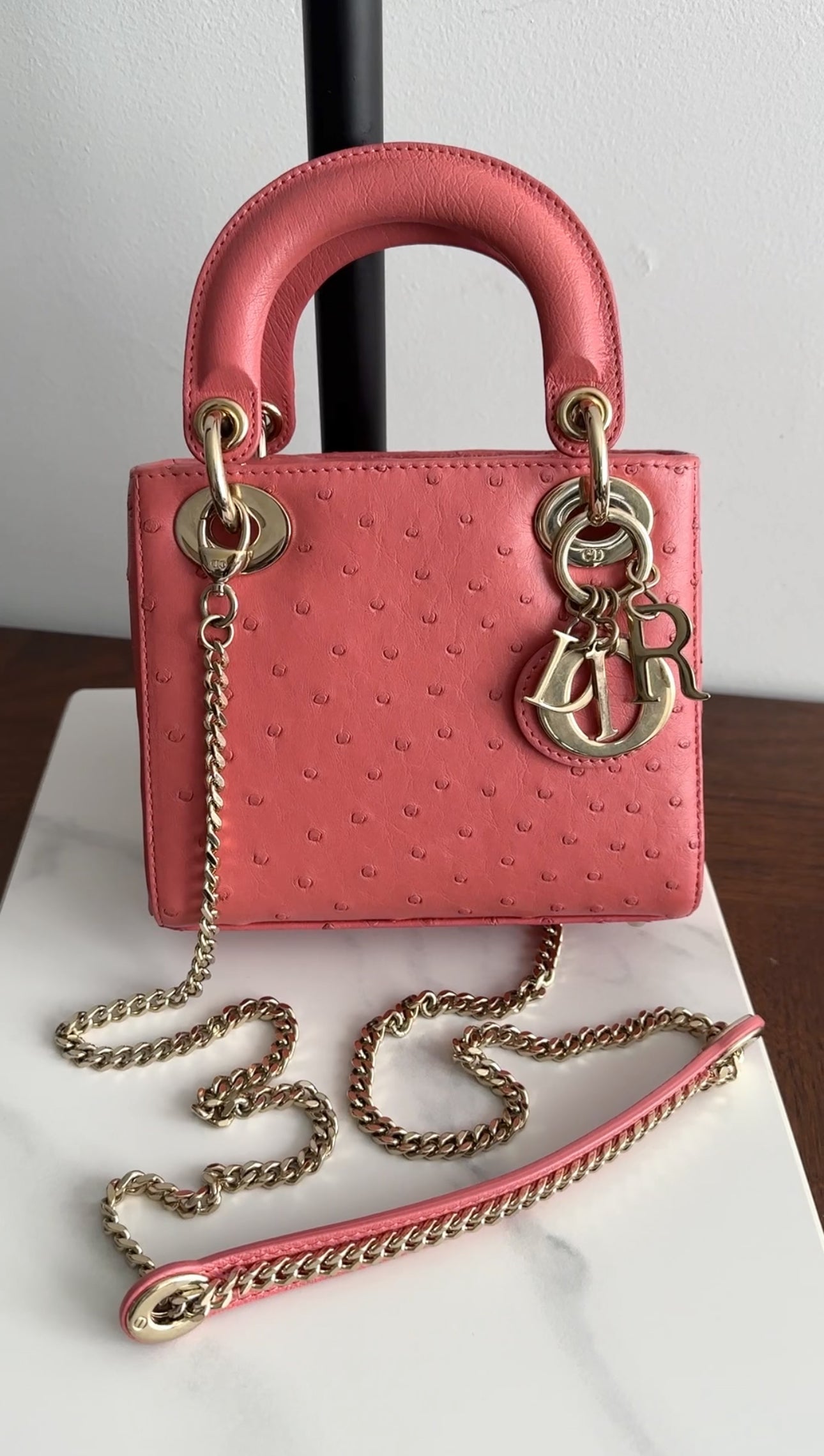 Christian Dior Lady Dior Mini Bag in Pink Ostrich Leather - Luxury Crossbody Purse for Women, Perfect for Evening Parties & Special Occasions