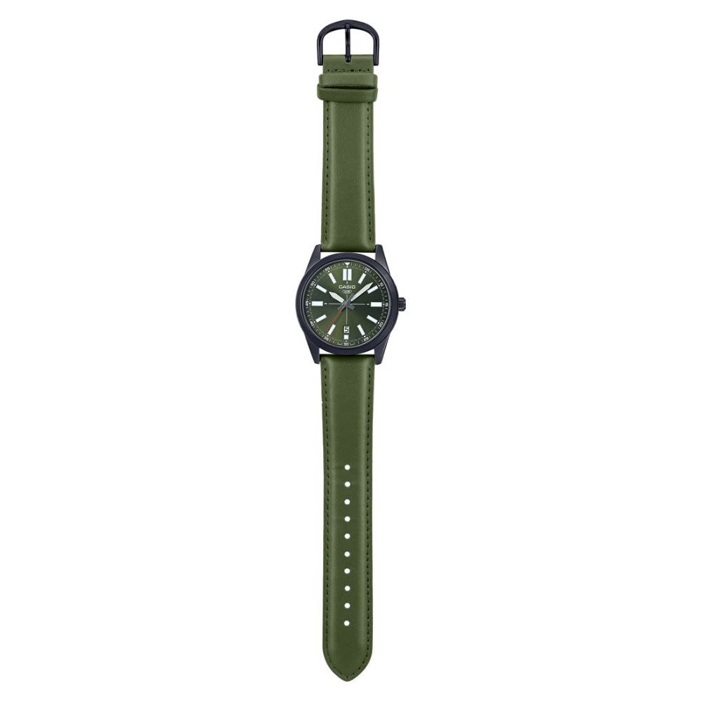 CASIO MTP-VD02BL Analog Men's Watch with Green Leather Strap - Stylish & Durable for Business, Casual & Everyday Wear