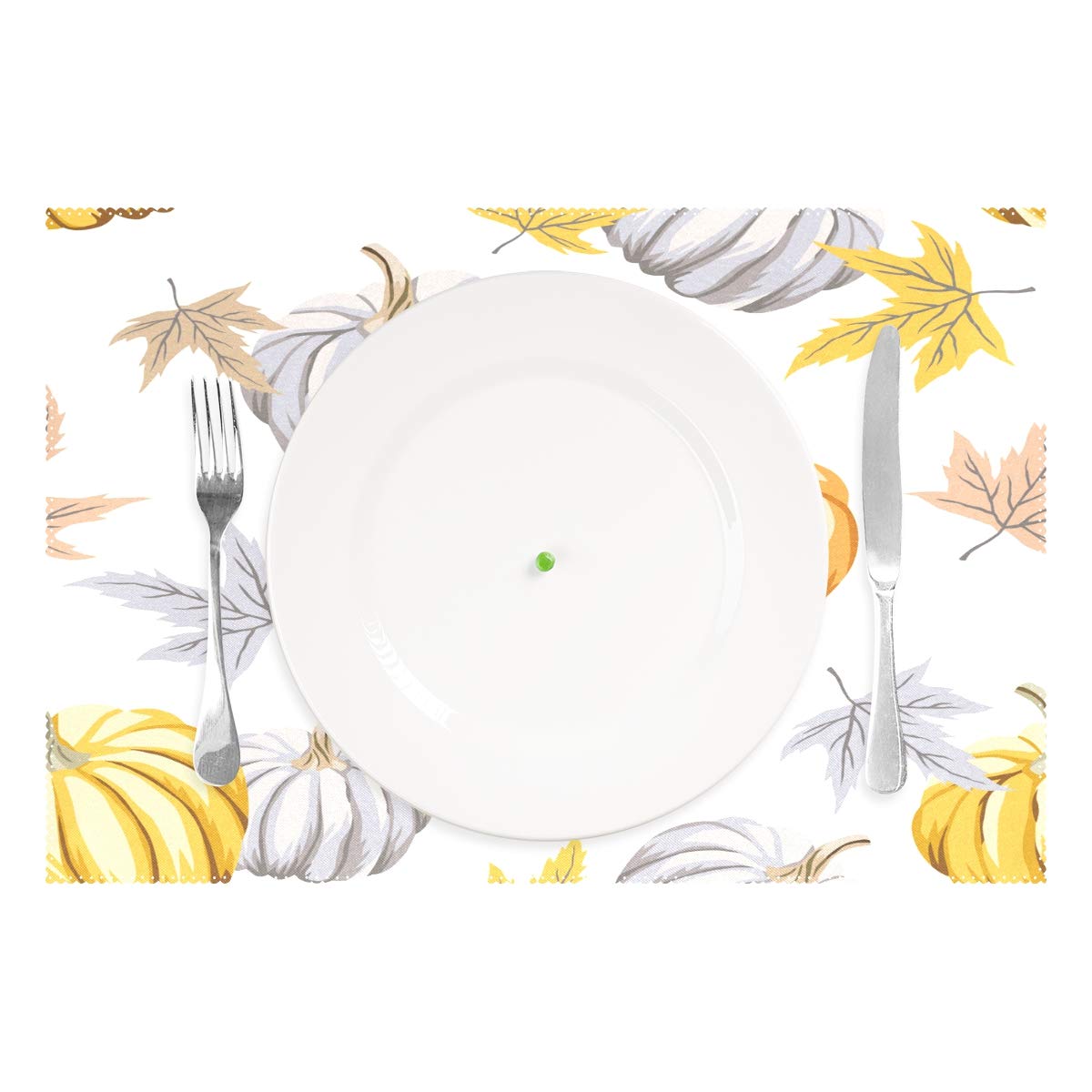 MOYYO Heat Resistant Non-Slip Polyester Placemats - Set of 4 Gray Pumpkin & Autumn Leaves Design, Washable & Easy Clean for Dining Table, Kitchen Decor | Perfect for Fall Thanksgiving Dinner & Holiday Table Setting