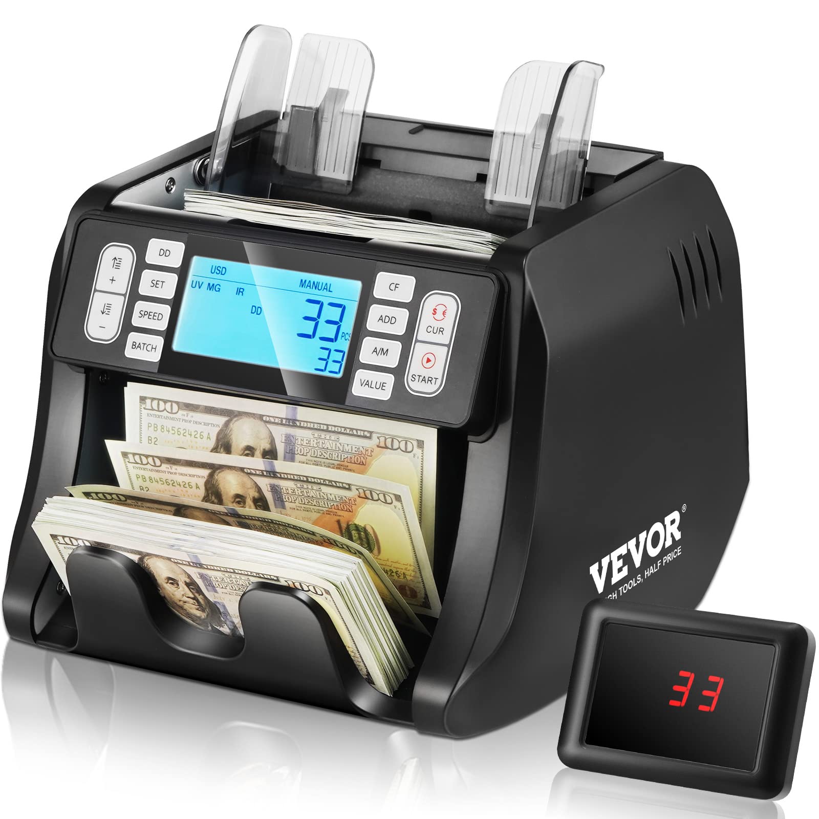 VEVOR Money Counter Machine with UV, MG, IR & DD Detection - USD/EUR Bill Counter with Add/Batch Modes & Large LCD Display - Perfect for Banks, Retail Stores & Cash-Intensive Businesses
