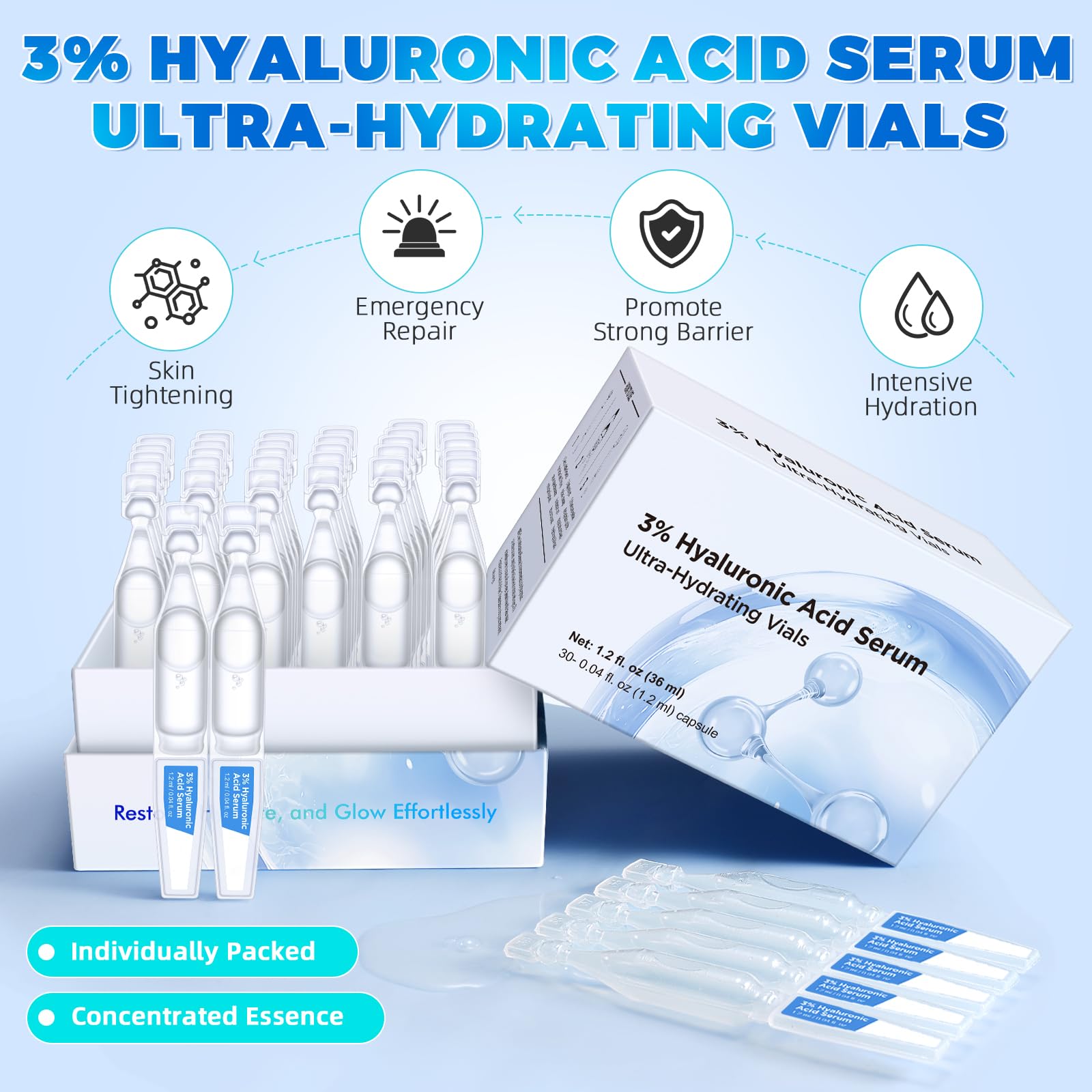 3% Hyaluronic Acid Serum for Face - 30 Pack Ultra-Hydrating Vials, Anti-Aging & Skin Repair Treatment, Intense Moisture for Plumper & Smoother Skin, Non-Greasy Lightweight Formula (1.2ml each, 1.2 fl oz) - Perfect for Daily Skincare Routine & Travel Essentials
