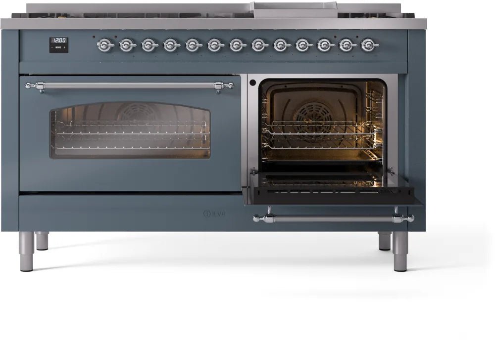 ILVE Nostalgie II 60 Inch Dual Fuel Natural Gas Range - Blue Grey with Chrome Trim (UP60FNMPBGC) | Professional Kitchen Appliance for Home Chefs & Restaurants