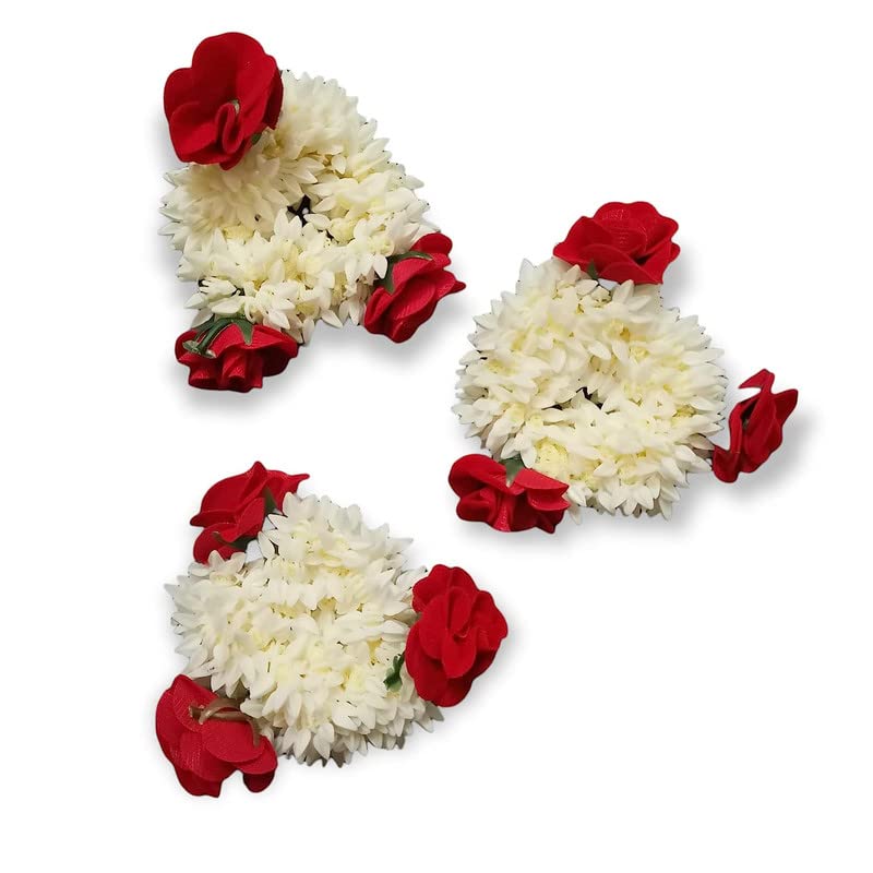 VediArt Artificial Rose & Mogra Rubber Band Hair Gajra - White Floral Hair Accessories for Women & Girls (Pack of 3) - Perfect for Weddings, Parties & Festivals