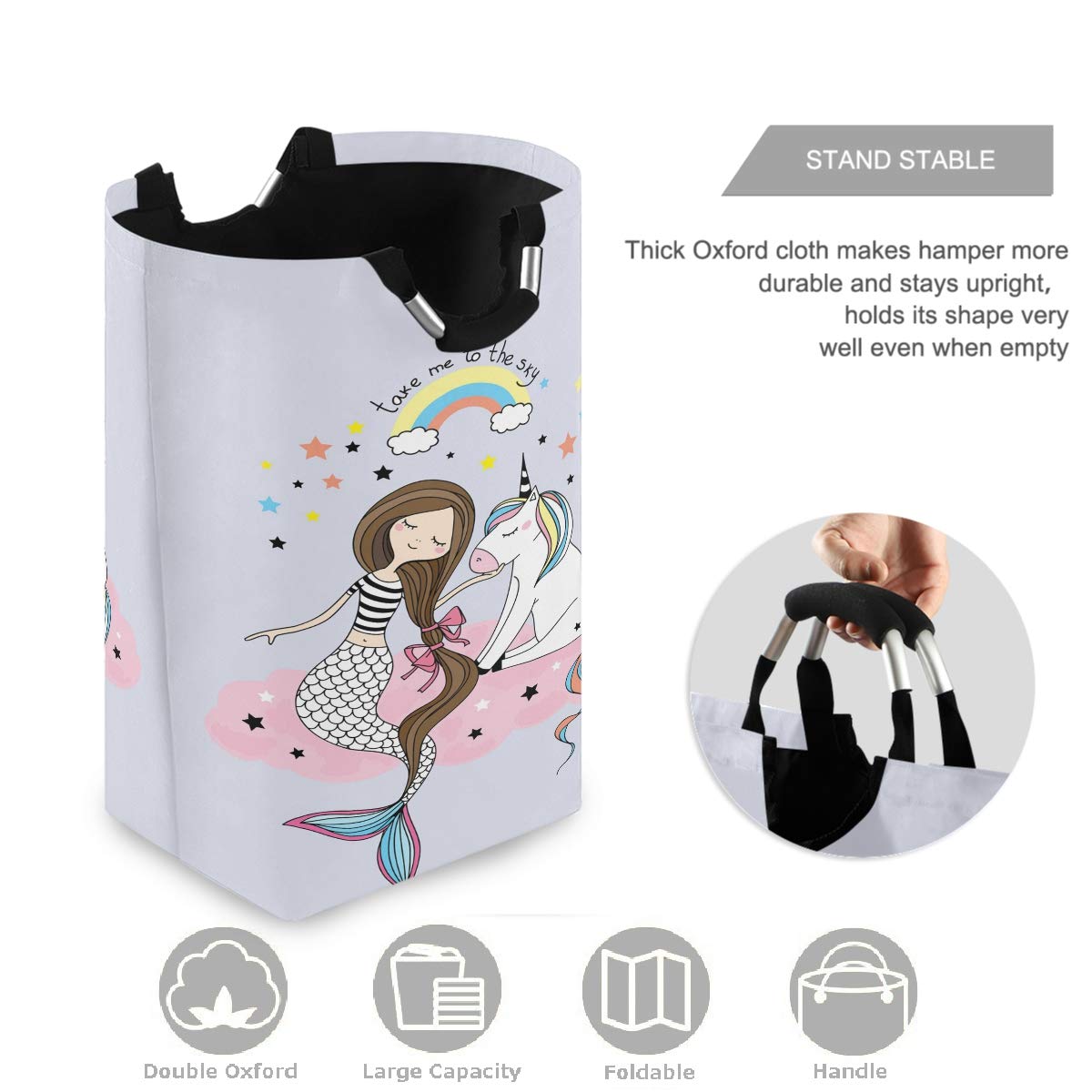 Visesunny Unicorn Mermaid Rainbow Large Laundry Bag - Collapsible Oxford Fabric Laundry Hamper with Handles, Foldable Portable Dirty Clothes Basket, Waterproof Washing Bin for Kids Room, Dorm, Travel & Camping