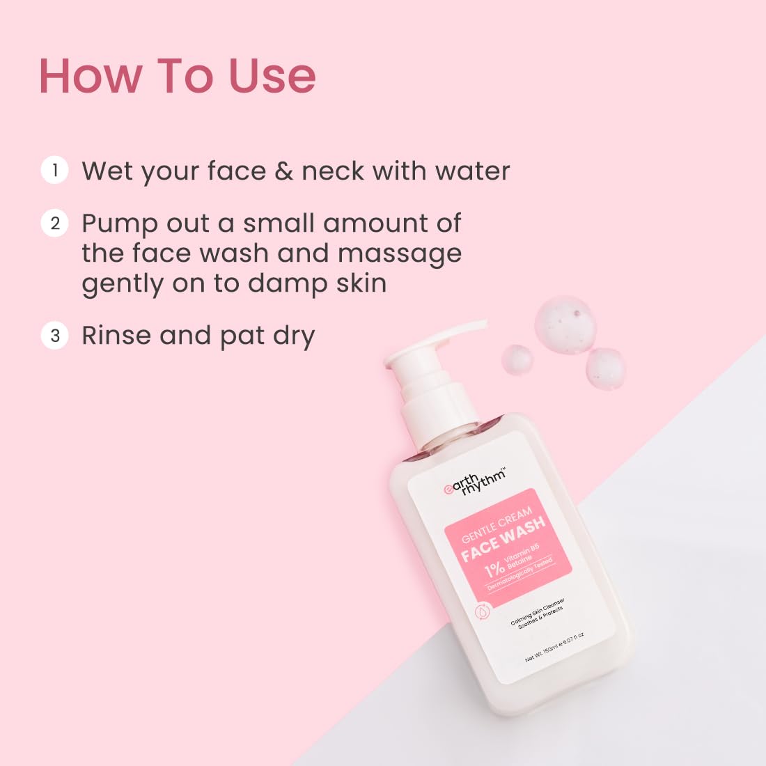 Earth Rhythm Gentle Cream Daily Face Wash with Vitamin B5 - Dermatologist Tested for Dry & Sensitive Skin - Hydrating & Soothing Cleanser for Men & Women - 150ml | Perfect for Morning & Night Skincare Routine