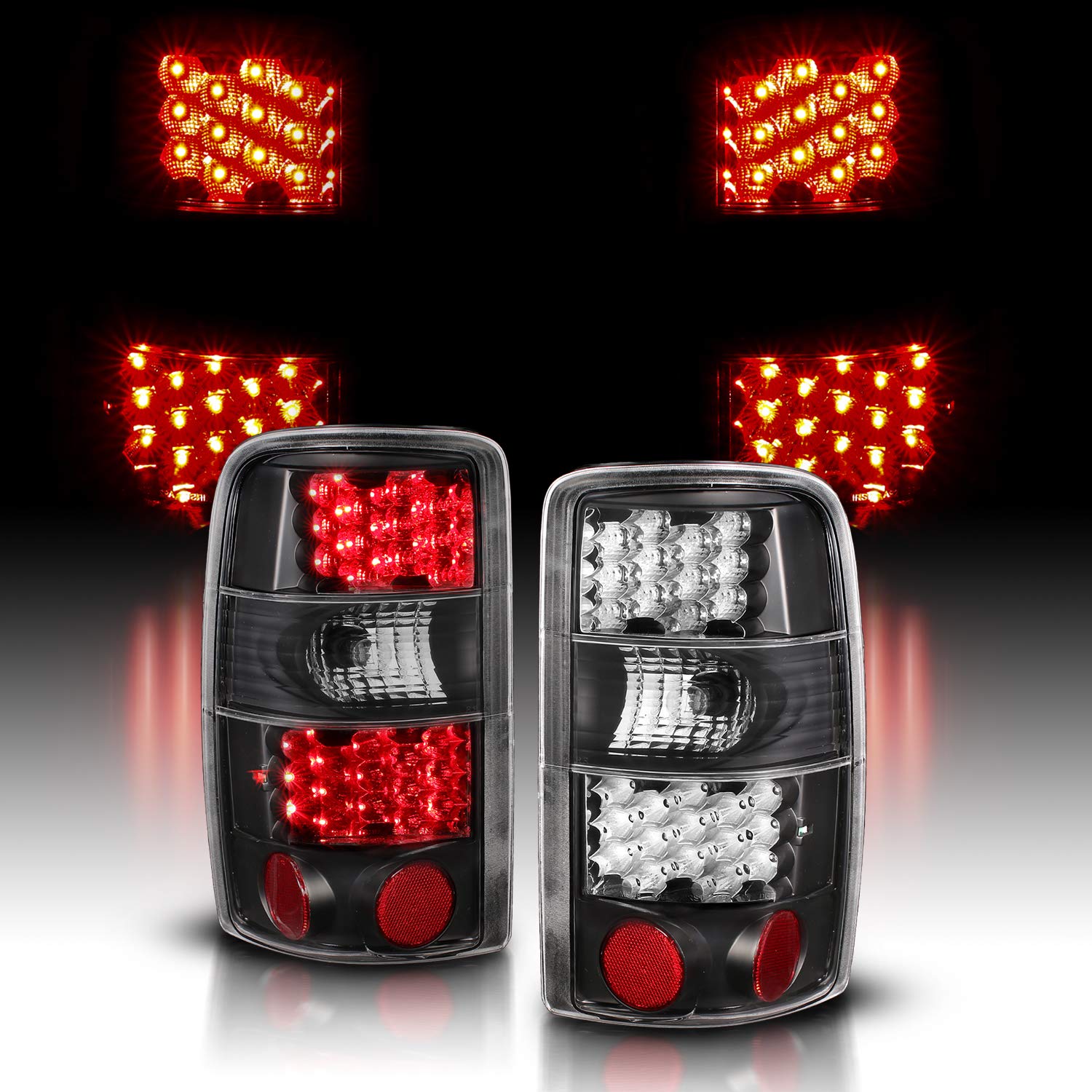 AmeriLite LED Brake Tail Lights for 2000-2006 Chevy Tahoe & Suburban, GMC Yukon - Black Replacement Light Set (Driver & Passenger Side) - Enhance Safety & Style for Night Driving, Off-Road Adventures