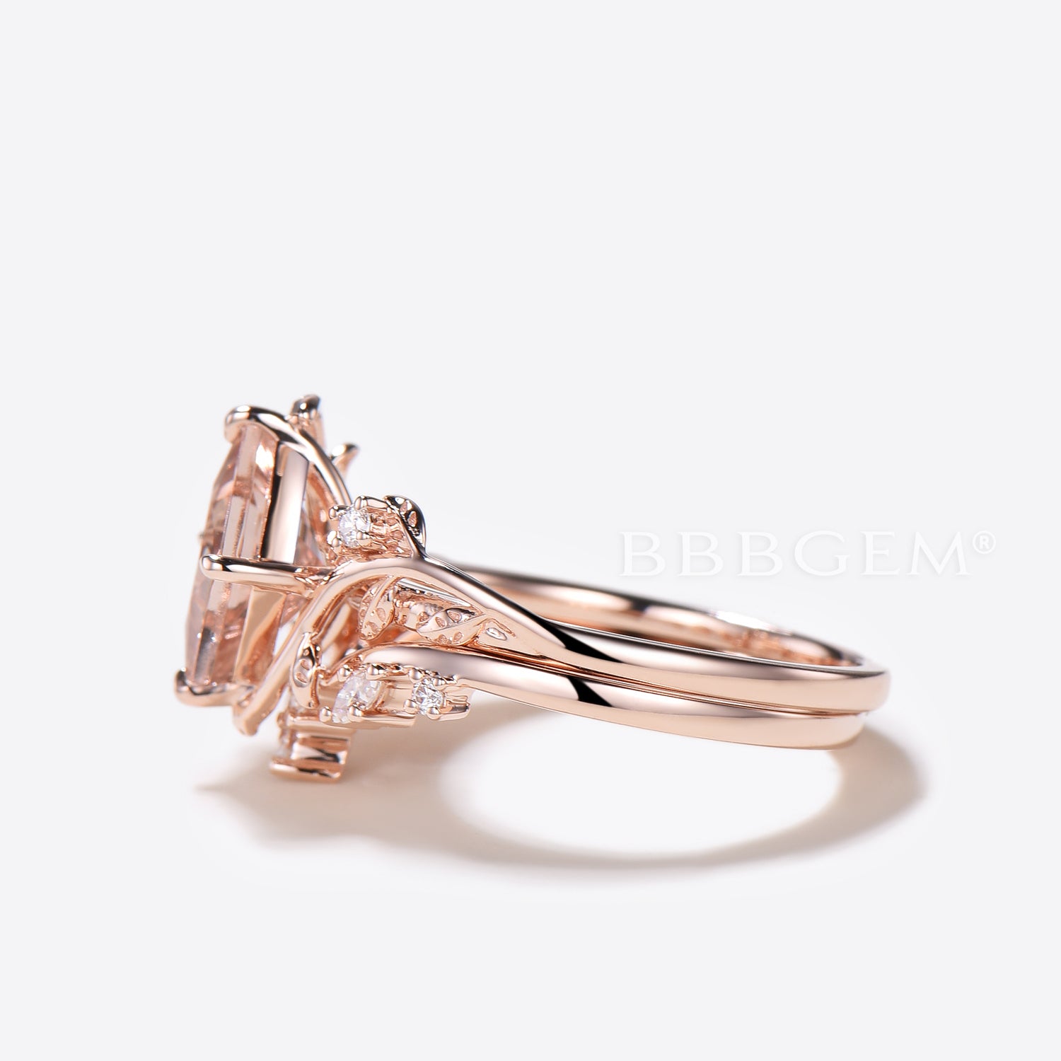 Princess Cut Morganite Leaf Engagement Ring with Diamond Accents - Nature Inspired Bridal Jewelry Set for Wedding, Proposal & Anniversary Gifts