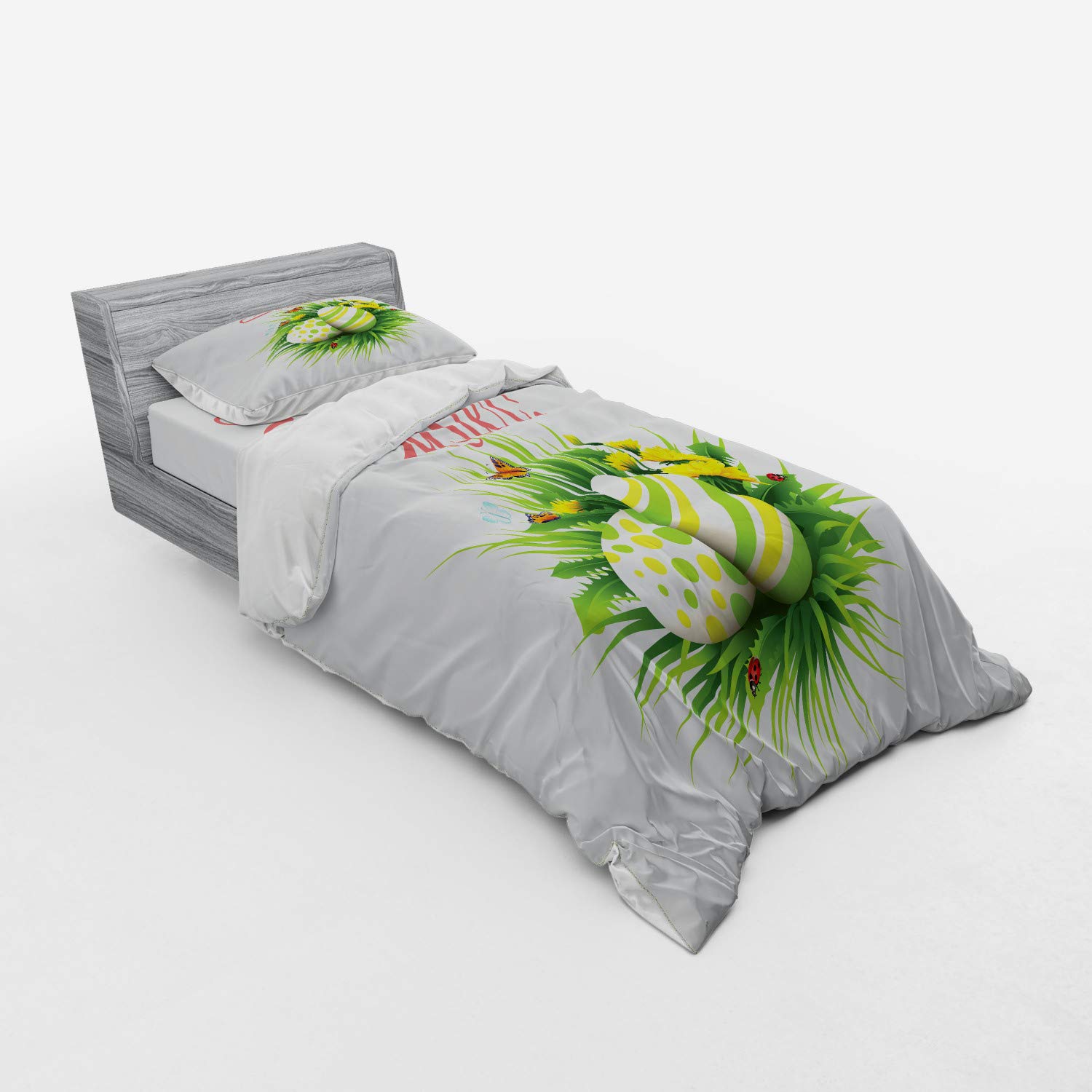 Ambesonne Easter Bedding Set - 3 Piece Duvet Cover with Sham & Fitted Sheet, Twin Size, Floral Spring Design with Ladybugs & Butterflies - Perfect for Easter Decor, Spring Bedroom Refresh & Seasonal Home Styling