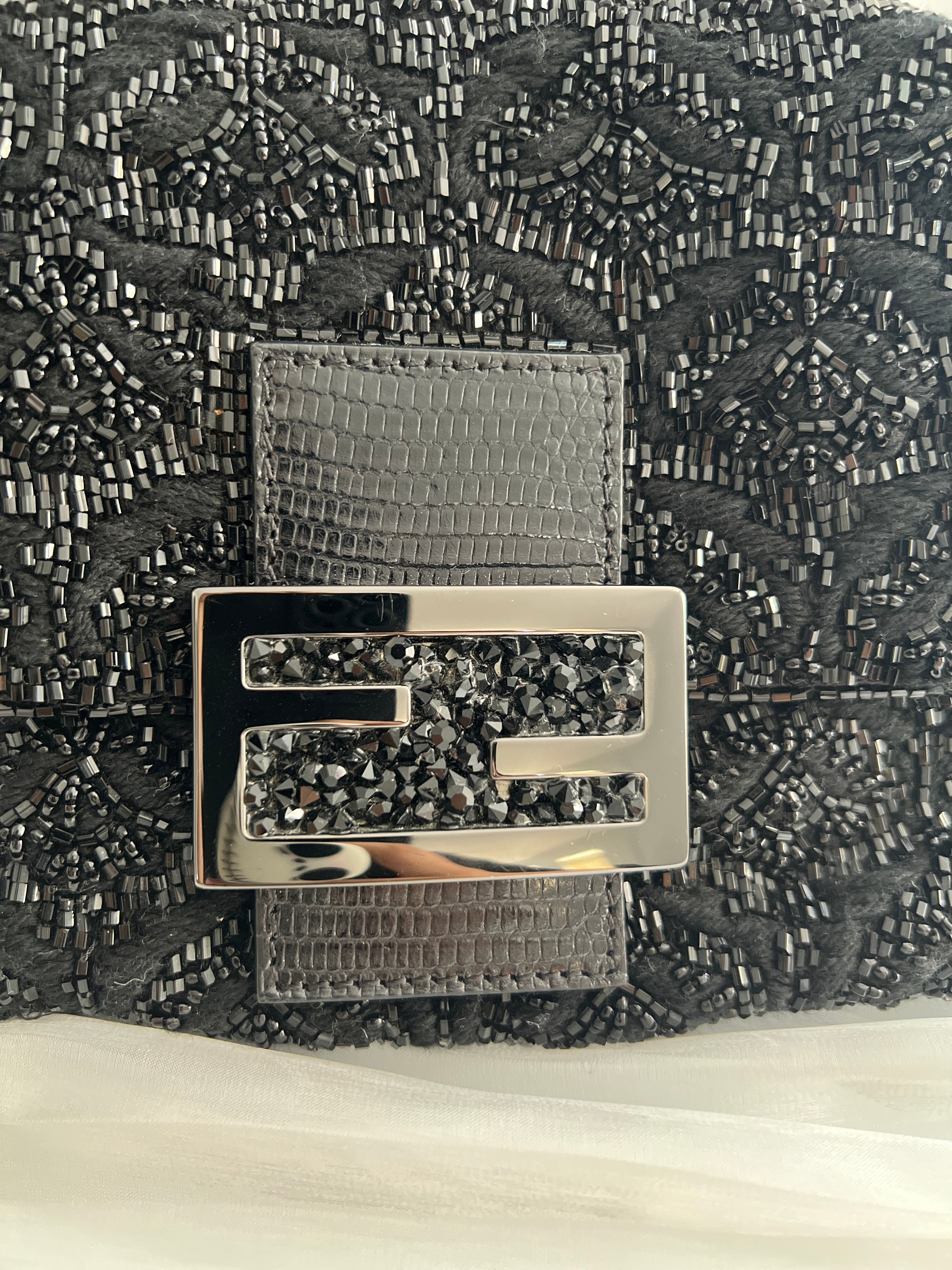 Fendi Black Rose Pattern Beaded Mini Mamma Baguette Bag - Luxury Crossbody Purse for Women, Evening Parties & Special Occasions